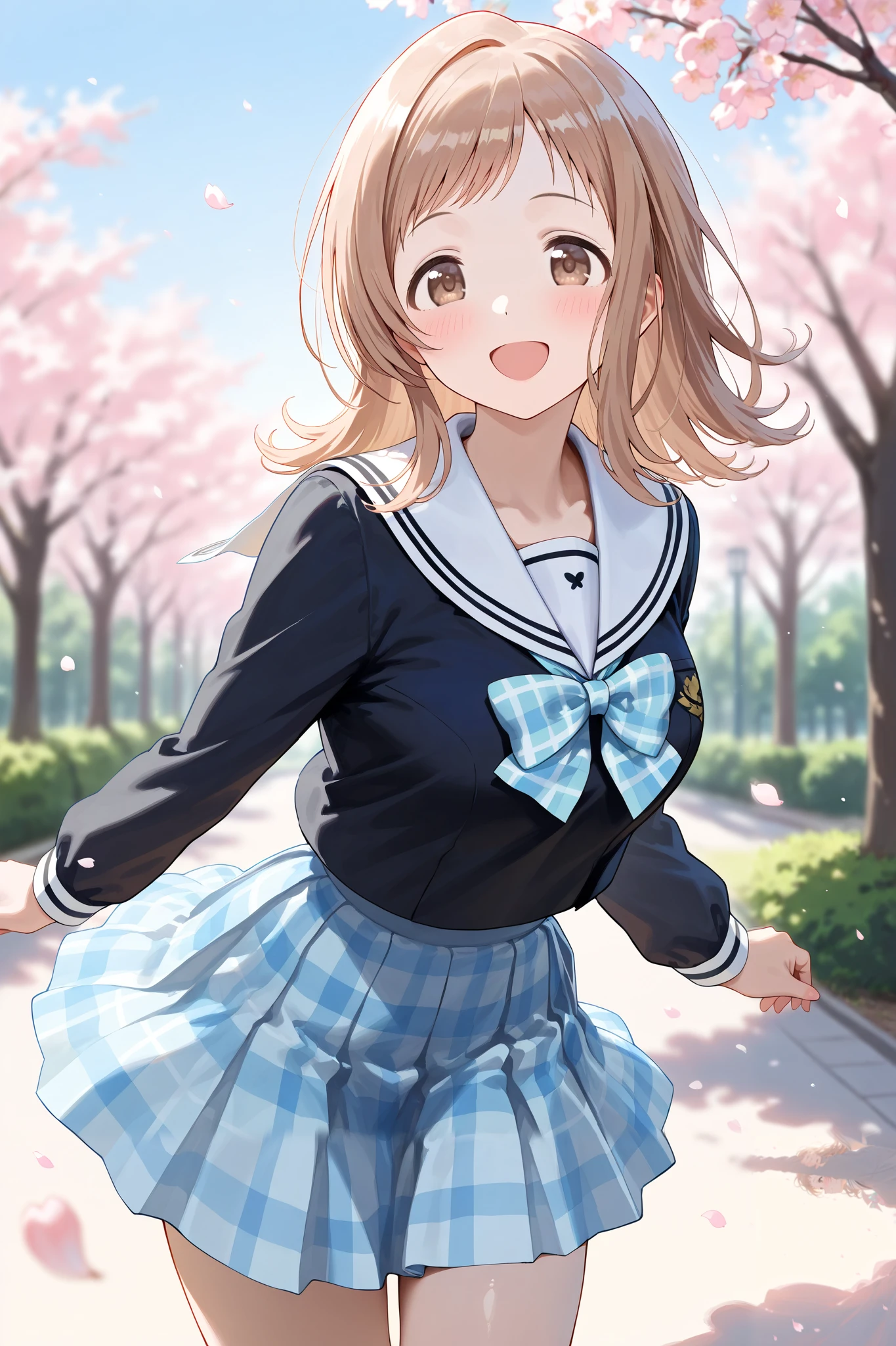 (masterpiece), (Highest quality), (Very detailed), 
(The best shape), (Best Shadow), (Absurd), 
(Detailed Background), (So beautiful), Shiny, 
Beautiful eyes in every detail, Extraordinary, Countershading, 8k, 32K, High resolution, 
Very Detailed CG ,

Score_9, Score_8_up, Score_7_up, Source_anime, 
(Pastel painting:1.2), (Watercolor painting:1.2),
(Masterpiece, Detailed:1.2), (Foreshortening:1.2),

Cinematic, Dramatic, (Depth of field:1.4), 
(Blurry background:1.4), (Realistic background:1.4), Dynamic angle, 
1 girl, Solo, 
Outdoors, Nature, Park, Wind,
Spring, Cherry blossoms,

Sakuragi Mano,
the idolm@ster shiny colors,
mano sakuragi,
(Brown hair:1.1), Medium hair, Brown eyes,

(School uniform:1.3),
(Black sailor suit:1.3), Long sleeves suit, 
(White sailor collar:1.4),
Ribbon, Light blue ribbon, Butterfly ribbon,
Skirt, Light blue skirt, Checkered skirt,

(Blush:1.3),
Cowboy shot,
Focus on face,
Smile, Happy,
Realistic skin,
Shiny skin,