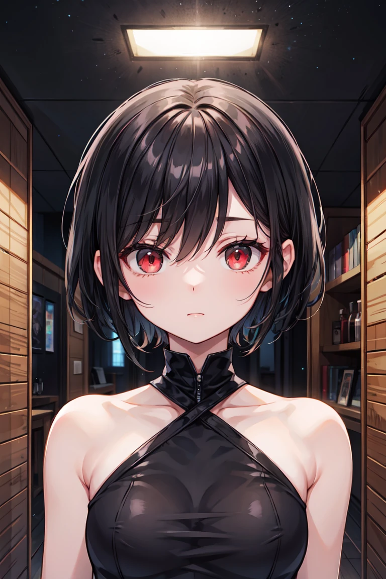 baby face, small breasts, short black hair,messy hair, (photorealistic:1.4), (masterpiece, sidelights, exquisite beautiful eyes: 1.5), masterpiece*portrait, realistic, 3D face,kawaii face,front view: 1.5、 (glowing eyes:1.5),(tareme:1.5)、Rosy Mouth,Slim Body, shiny hair, shiny oil skin: 1.5、large breasts:1.3,solo,sit,knees up、(black low rise panties black shoulder strapless small underwear)、charactor focus:1.5、portrait:1.5、(rose tattoo),upper body,in bed