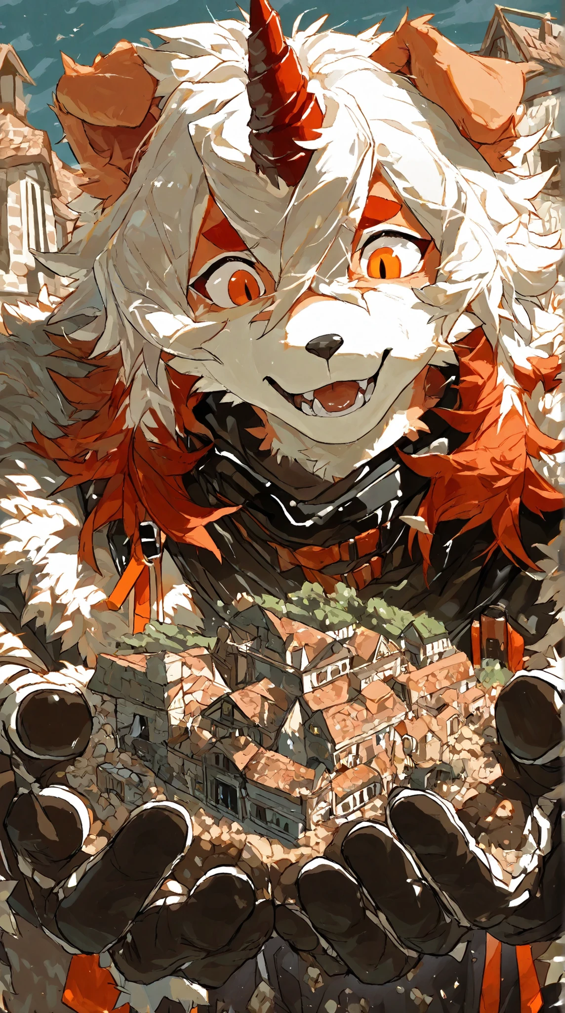 score_9, score_8_up, score_7_up, score_6_up, furry, anthro, solo, hung, perro, arknights, two-tone fur, medium hair, white hair, single horn, orange eyes,,(macro size: 1.2), furry hung, medieval fantasy, 1male, closeup furry fingers, (furry hung face reaction: 1.1), tiny village under the palm of her hands, Gentle personality, foreshortening