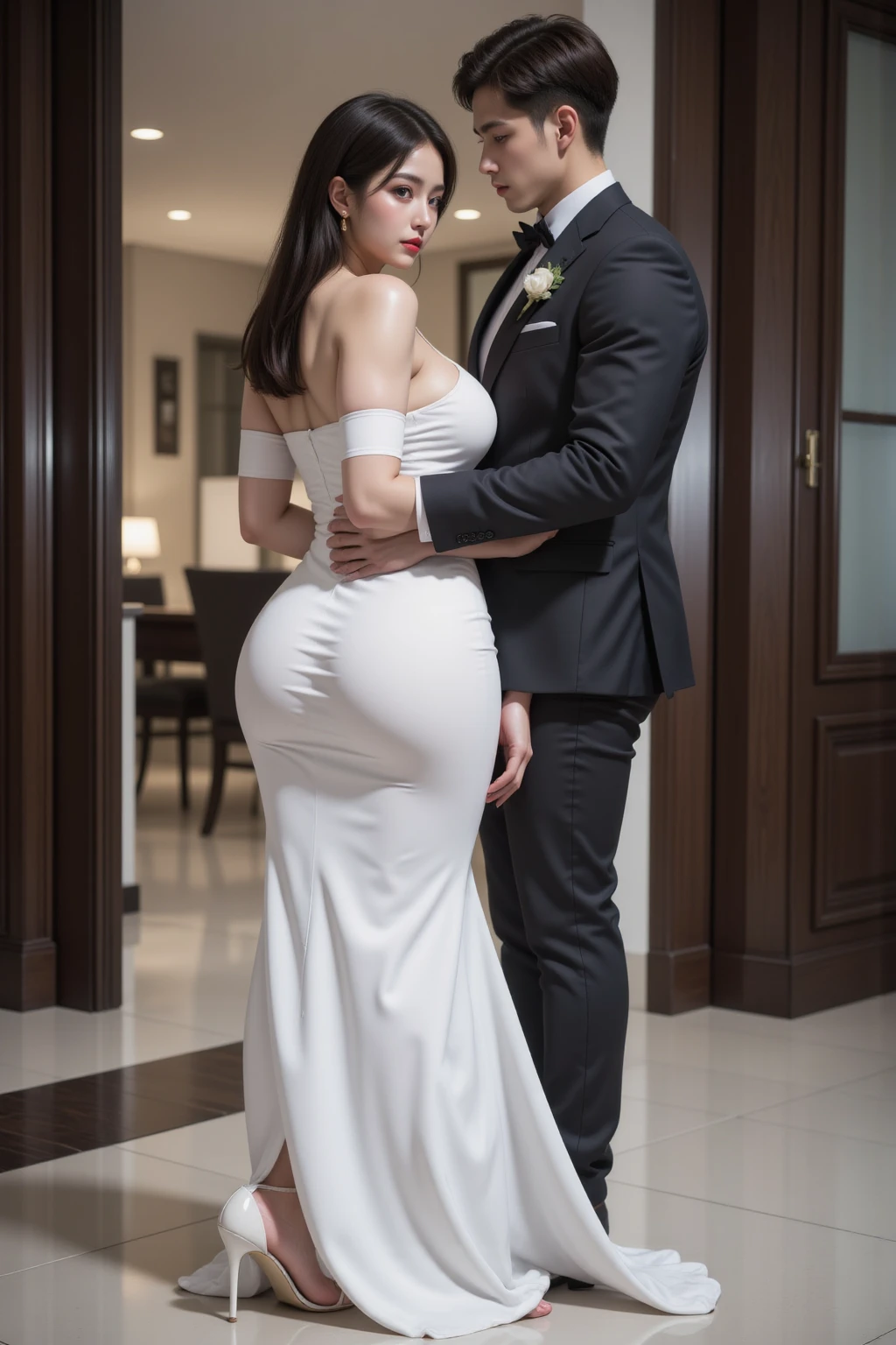 Hyperrealistic, Beautiful happy (couple), (2 people), 1 woman and 1 man, {young {european woman}, voluptuous, long wavy blonde hair, curvy body, hyperrealistic, (transparent white tulle dress), (((topless))) (wedding dress) , (big breasts:1.1), visible breasts, large nipples, ((breasts bursting out)), (sexy smile)}. {{scandinavian type} man, 35 years old, masculine, bearded, large black beard, black hair, wide chest, {dark blue wedding suit}}. (DETAILED), (masterpiece), high quality, digitalart, (standing in the garden), detailed skin, ((extreme detail)),