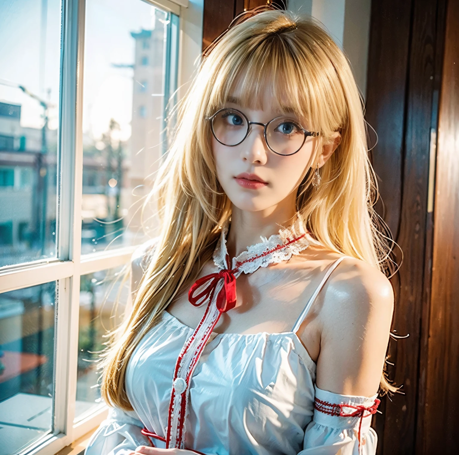 super high image, super detail, super high resolution, portrait, sexy female, beautiful, cute, glasses, blue sparkling big eyes, light blonde glossy braided bangs hair, red alluring moist lips, amorous expression, lewd expression, flat chest, abs, slender, black lace see-through tight dress, background lots of petals from lilies cherry blossoms and sunflowers are spread all over the place, professional lighting