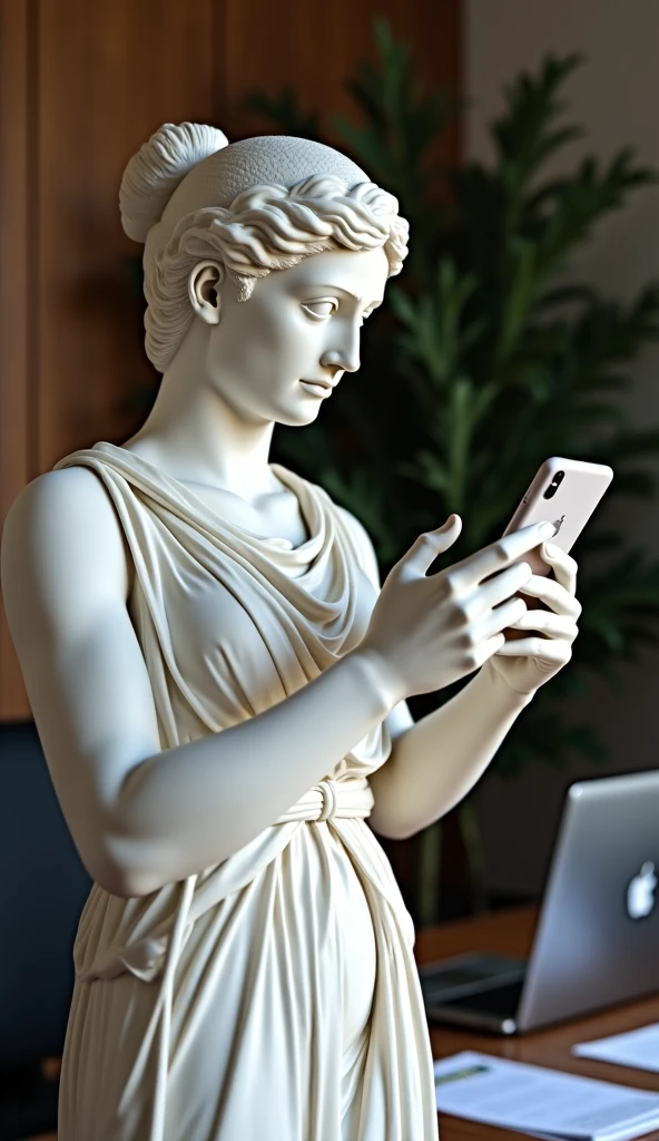 Ancient Greek goddess sculpture holding a smartphone Female marble statue scrolling social media Doomscrolling mental health digital wellness time loss concept Bad habits reading news