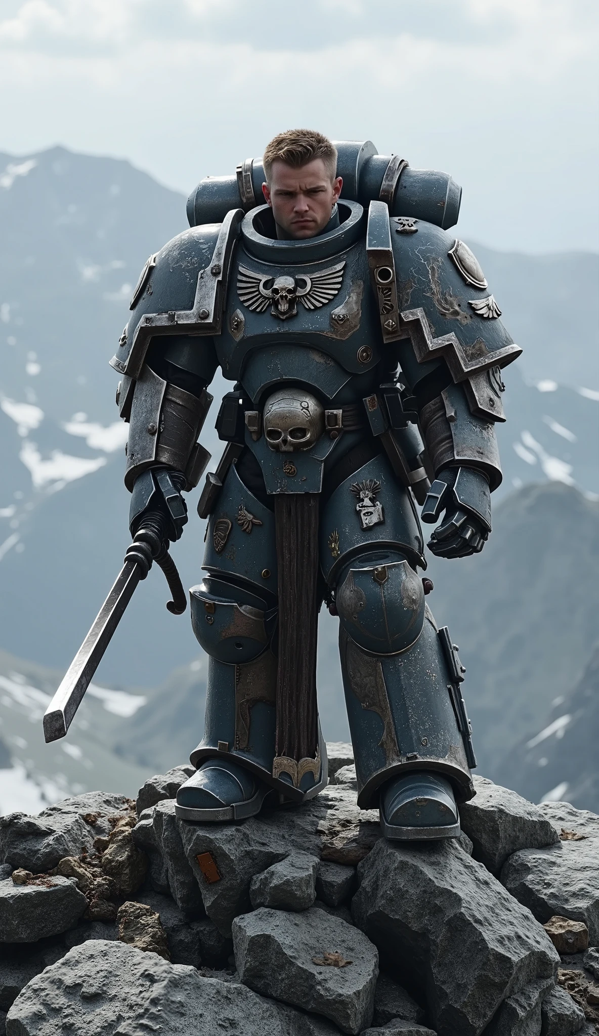 ((Hyperrealistic)) ((Photorealistic)) ((Masterpiece)) ((Professional)) Warhammer 40k Adeptus Astartes, Grey Wolves Space Marine on a mountain peak. The character is a young male without a helmet on his head. Add typical gray wolf trinkets to the armor that has a grey and silver colors.