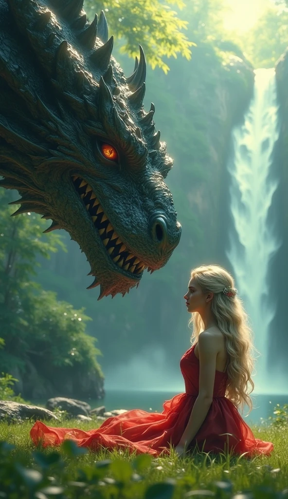Cinematic photo of a woman with long blonde hair and a red dress ...