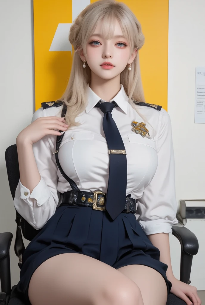 absurdres, 1girl, blush, (realistic:1.5), (masterpiece, Extremely detailed CG unity 8k wallpaper, best quality, highres:1.2), (ultra_detailed, UHD:1.2), perfect illumination, distinct, (1girl:1.4), looking at viewer, unreal engine, sidelighting, perfect face, detailed face, perfect body, beautiful eyes, pretty face, (bright skin:1.4), idol, (abs), ulzzang-6500-v1.1,,((medium breast)),((narrow waist)),(blonde hair),MAHALAIUNIFORM,(((WHITE SHIRT SHORT SLEEVES))),((BLACK polished PENCIL SKIRT)),((BLACK PLEATED SKIRT)),((in the classroom)),(choker),((white shirt short sleeves )),((black pencil skirt)),(belt),((sitting on the table)),(Full body:1.4),bangs,((glasses)),sharp eyes,peck the corners of the mouth,silver earrings,hands in hair,