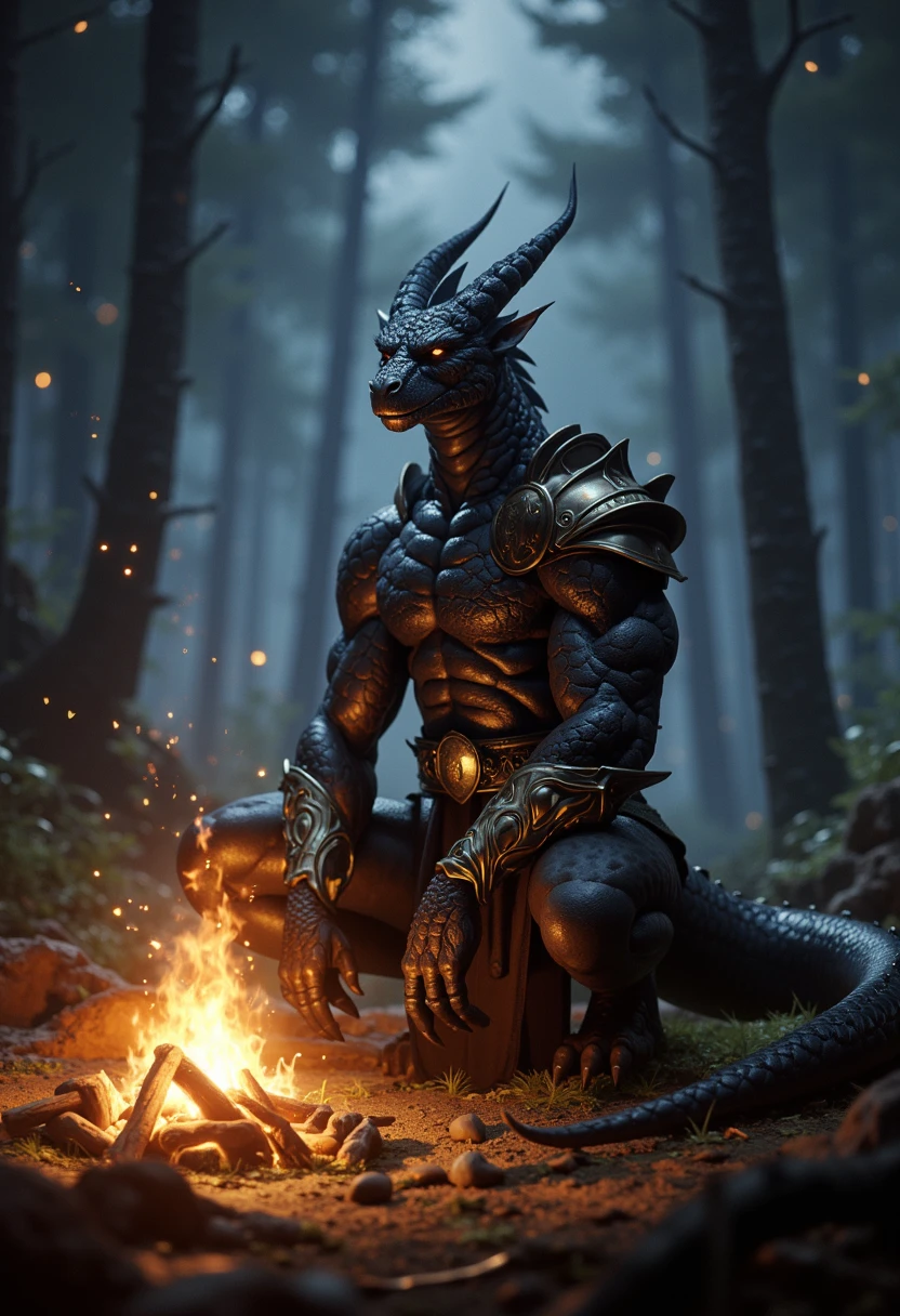 solo, male, (muscular), shaman, (male anthro dragon:1.3), (black body:1.1), white belly, (kneeling:1.3), (kemono:1.4) (praying:1.23), (tribal clothing, long loincloth, red pattern:1.2), detailed eyes, dragon tail, horn, ((bust portrait)), (detailed eyes, yellow eyes, glowing eyes:1.1), (outdoors:1.35), altar, fire, smoke, forest, candle, night, (particles ,firefly, blue glowing:1.3), detailed background, 8k hd, (dark shadows, wide dynamic range, hdr, low light:1.2), by Pino Daeni, canyne khai, milkytiger1145, dagasi, yupa, bara