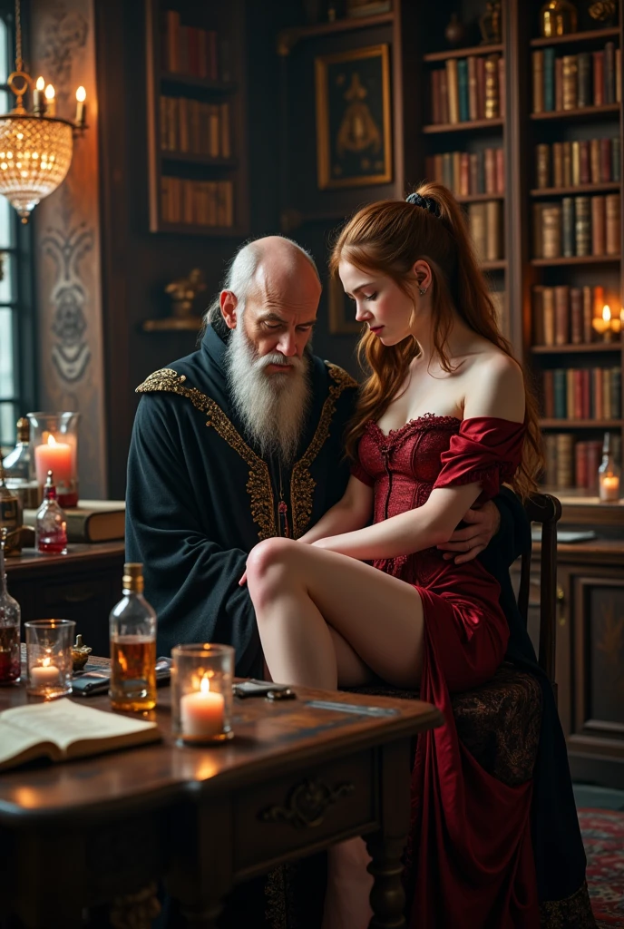 Dumbledore talking with Short Hermione granger in castle room nude