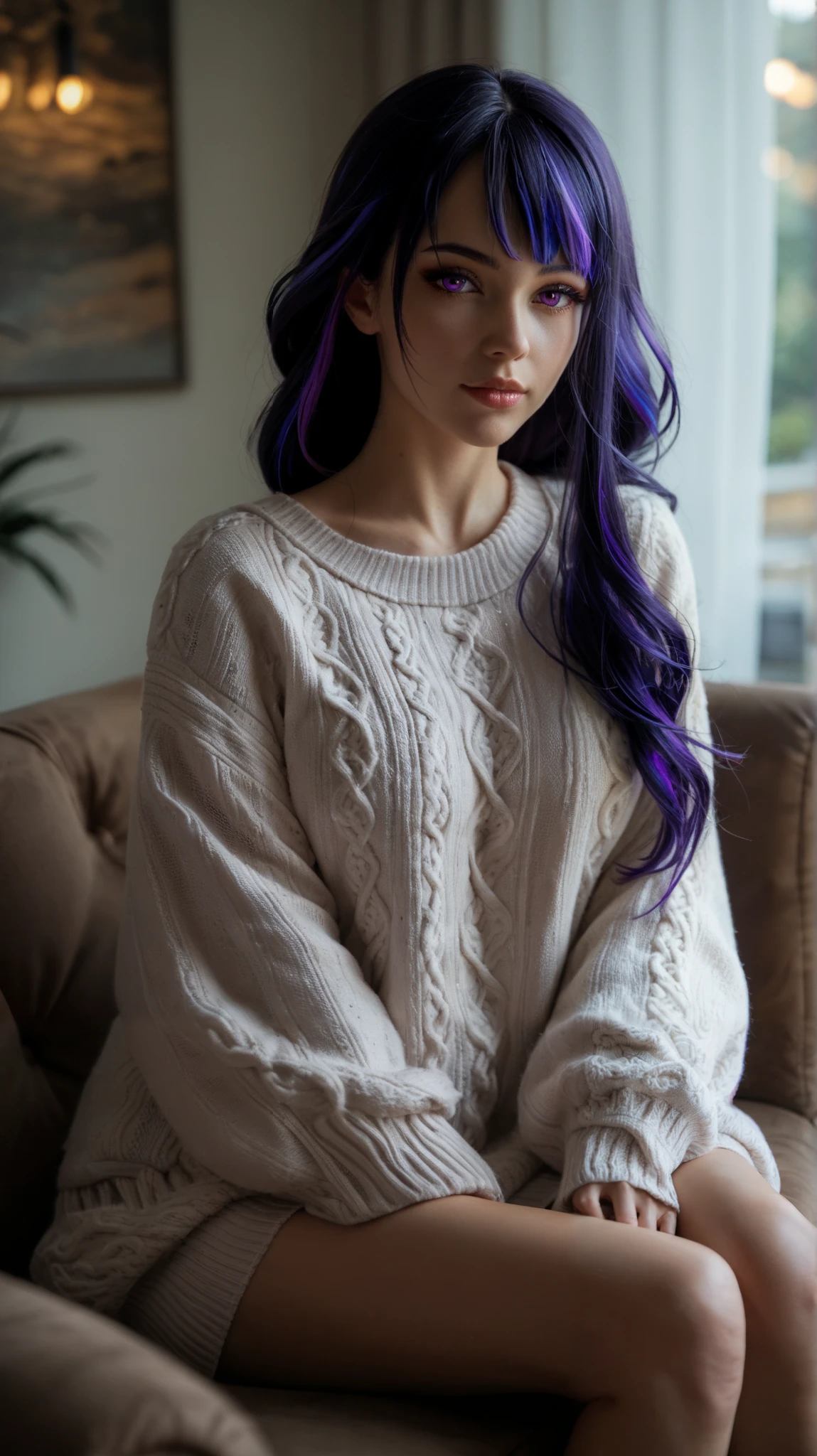 Raiden Shogun from Genshin Impact wearing a cozy and stylish oversized outfit: a white long-sleeve shirt with extra puffy sleeves, layered under a beige knitted sleeveless sweater. The outfit is slightly oversized, giving a soft and relaxed aesthetic. She sits gracefully on a modern minimalist couch in a softly lit, cozy room with neutral tones. Her long, silky purple hair cascades over her shoulders, slightly tousled. Her expression is serene, with a gentle, warm gaze. The natural lighting highlights the texture of the knit sweater and the softness of the fabric. Hyper-realistic textures, ultra-detailed, cinematic fashion photography style, Sony A7R IV, 85mm f/1.4 lens, soft natural light, blurred background, warm and cozy atmosphere --ar 16:9 --v 6 --style raw --q 2 --s 750