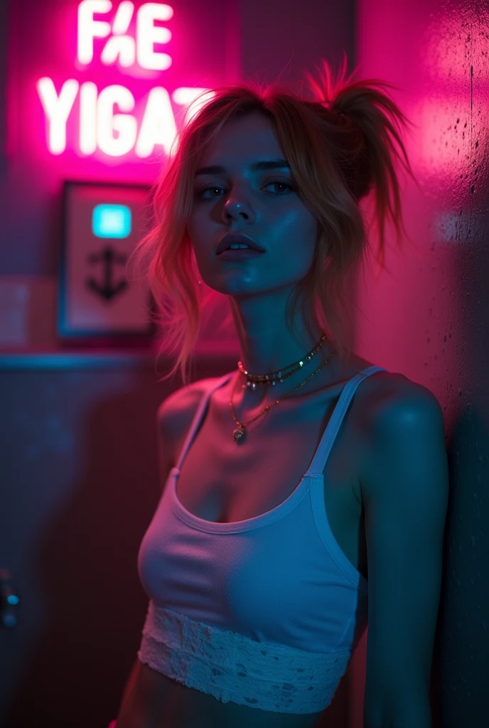 1 very young looking skinny teen girl in shot posing , very slim tight skinny super model bod, 16y, blond, in luxurious strip club vip lounge, wearing a stripper sexy slutty neon color mini dress, tattoos