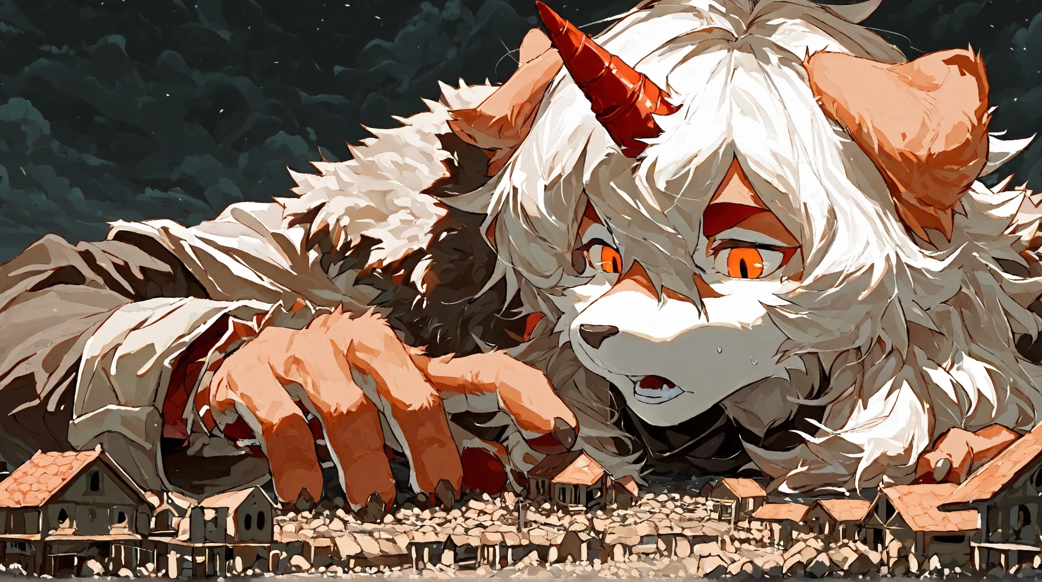 score_9, score_8_up, score_7_up, score_6_up, furry, anthro, solo, hung, perro, arknights, two-tone fur, medium hair, white hair, single horn, orange eyes,,(macro size: 1.2), furry hung, medieval fantasy, 1male, closeup furry fingers, (furry hung face reaction: 1.1), tiny village under the palm of her hands, Gentle personality, foreshortening