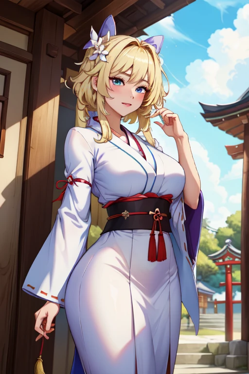 ((One personの女性)), Beautiful Face, (Laughing embarrassedly), (seductive smile:1.4), ((Wink:1.9)), (head tilt:1.3), Laugh with your mouth wide open, upper teeth, looking at viewer, ((Bright red cheeks:1.2)),Glossy Red Lips,rooftop, firework, Glossy red lips, Shining Face, ((Anime style background)),masterpiece, Highest quality, so beautiful,up to date, Complex details, (Pink long nails), (nail art), (ring),(bracelet),(Floral choker),AI-generated, Complex,High resolution, Highest quality, super high quality,3D Images、3D Images,One person,Long blonde hair,High Ponytail, Blonde anime woman posing for a photo,(blue eyes), ((Fine grain、Lightly pigmented blue eyes、Shining Eyes:1.3)), (Squint your eyes:1.1),a hyperRealistic , hyperRealistic , Realistic,Long and blonde anime woman, Smooth anime CG art, A woman in a gorgeous kimono embroidered with gold, (White long sleeve kimono),(Pink large floral pattern) ,Long flower hair ornament,Earrings,Mature Body,(Big Breasts:1.1),Tall,Abdominal muscles,Tight waist,(knee shot:1.2), (dutch angle:1.3),
