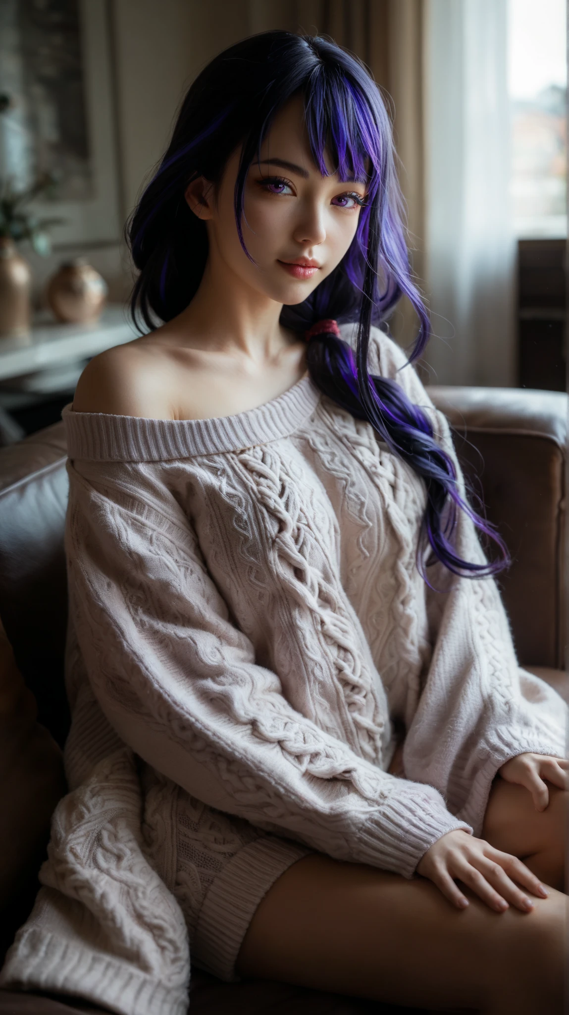 Raiden Shogun from Genshin Impact wearing a cozy and stylish oversized outfit: a white long-sleeve shirt with extra puffy sleeves, layered under a beige knitted sleeveless sweater. The outfit is slightly oversized, giving a soft and relaxed aesthetic. She sits gracefully on a modern minimalist couch in a softly lit, cozy room with neutral tones. Her long, silky purple hair cascades over her shoulders, slightly tousled. Her expression is serene, with a gentle, warm gaze. The natural lighting highlights the texture of the knit sweater and the softness of the fabric. Hyper-realistic textures, ultra-detailed, cinematic fashion photography style, Sony A7R IV, 85mm f/1.4 lens, soft natural light, blurred background, warm and cozy atmosphere --ar 16:9 --v 6 --style raw --q 2 --s 750, asian, korean