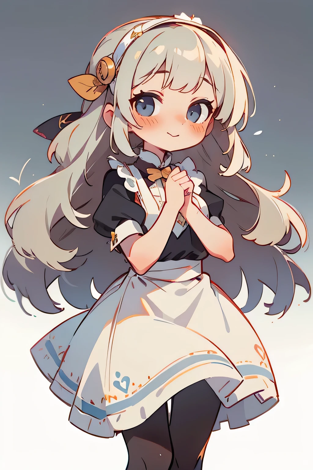 masterpiece, top quality, with super high image quality, 1 girl with an Oracle, alone, young, long hair , curly hair , Gray Hair, small breasts, neutral, kind smile, Sisters, I'm wearing a white victorian dress, Maid, apron, leggings, black tights , with lumbar cap, detailed hands, white background, simple background , , sensual, sexy, charming lips, simple hairstyle with bangs,headband,