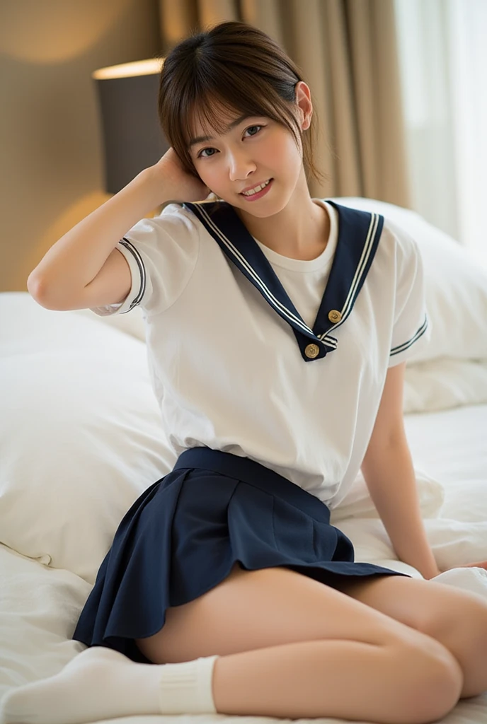 (Super reality:1.2), (digital art, digital illustration, 4k, 8k, Super detailed, beautiful images, clear image, (realistic), (RAW photo:1.3), perfect face, perfect lines, perfect eyes, Accurate body shape, dark lighting) , 1 Japanese cute girl after school, solo, school uniform, (sailor suit, serafuku:1.3), (short cut hair style:1.3), Beautiful face, amateur girl, sexy gyaru:1.3, ((showing panties)), so japanese young Idol, full chest, slim body style, (Inside the hotel, American size bed room, Antique furniture), Precise arms, precise hands and fingers, Beautiful hands and fingers, small smile, Beautiful thighs, (cowgirl position, open legs, on bed), sexy pose, POV