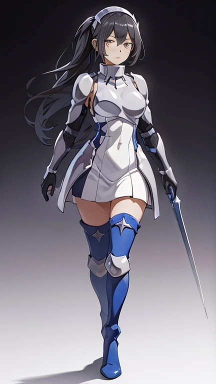nanoha, 1girl, masterpiece, best quality, solo, gloves, armor, dress, puffy sleeves, long sleeves, blue Hand armor, black gloves, fingerless gloves, weapon, upskirt, absurdly long hair, ankle length hair, brown hair, large breasts, slim waist, wide hips, hourglass figure, (perfect body proportions), slim legs, micro skirt, blue eyes, thigh high socks, (garters), sitting, library, high heels, stiletto heels, knee high boots, armored boots, armored gloves, claws, long gloves