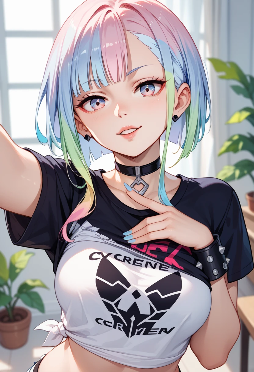 Succubus girl in her 20's taking a selfie for a magazine cover, blank background with room for the title of the magazine. Girl is wearing punk clothing and a choker, her multicolored hair is medium length and has bangs, long eyelashes draw in the viewers attention, she's holding her phone to take the picture and the viewpoint is from the phone's camera. She's grinning at the viewer