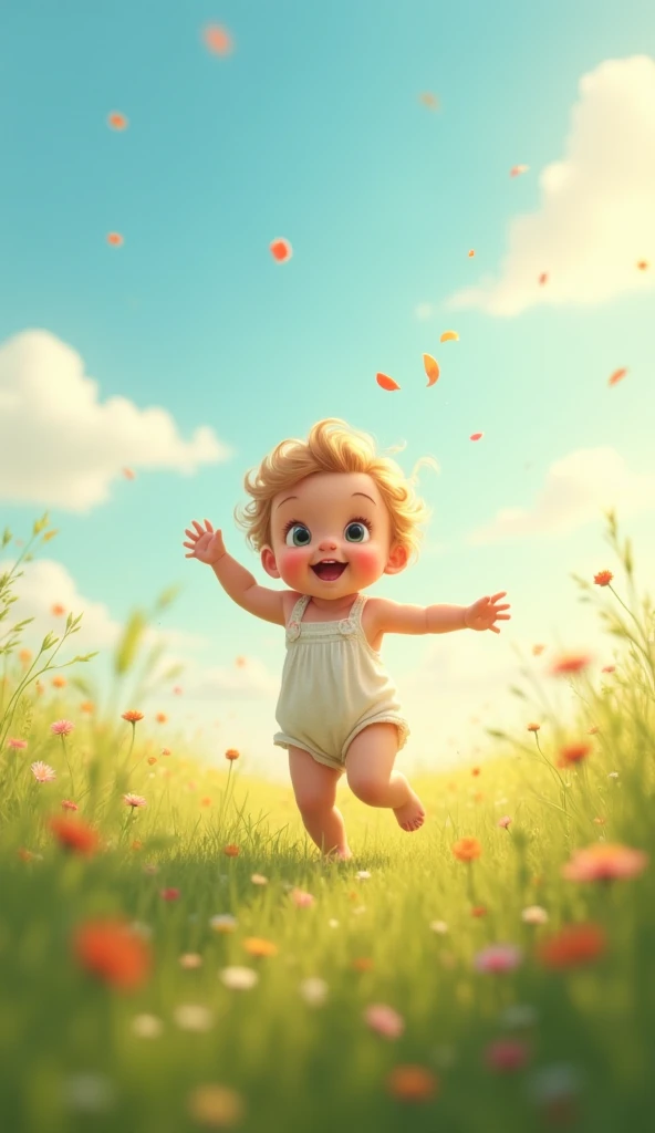 watercolor drawing in pastel tones without very strong lines, a baby playing in a field as if it were a dream, a little blurry