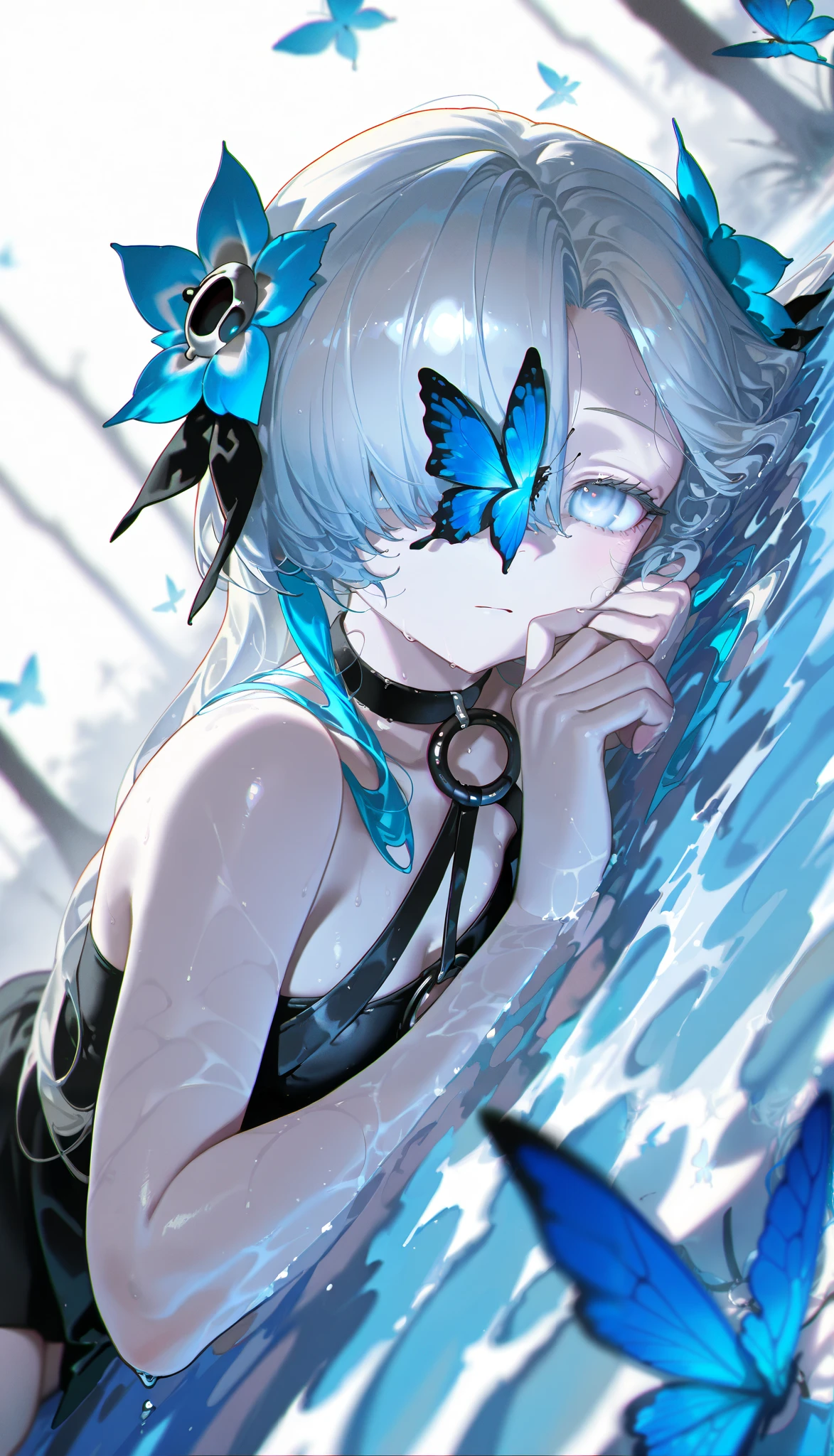 masterpiece,best quality, aberration,film grain,high contrast,color contrast,cold colors,gritty,graphite \\\\(medium\\\\),
isekai joucho,1girl,butterfly,bug,long hair,hair ornament,solo,blue butterfly,hair flower,water,partially submerged,flower,bare shoulders,choker,blue hair,dutch angle,o-ring,lying,blurry,butterfly on face,