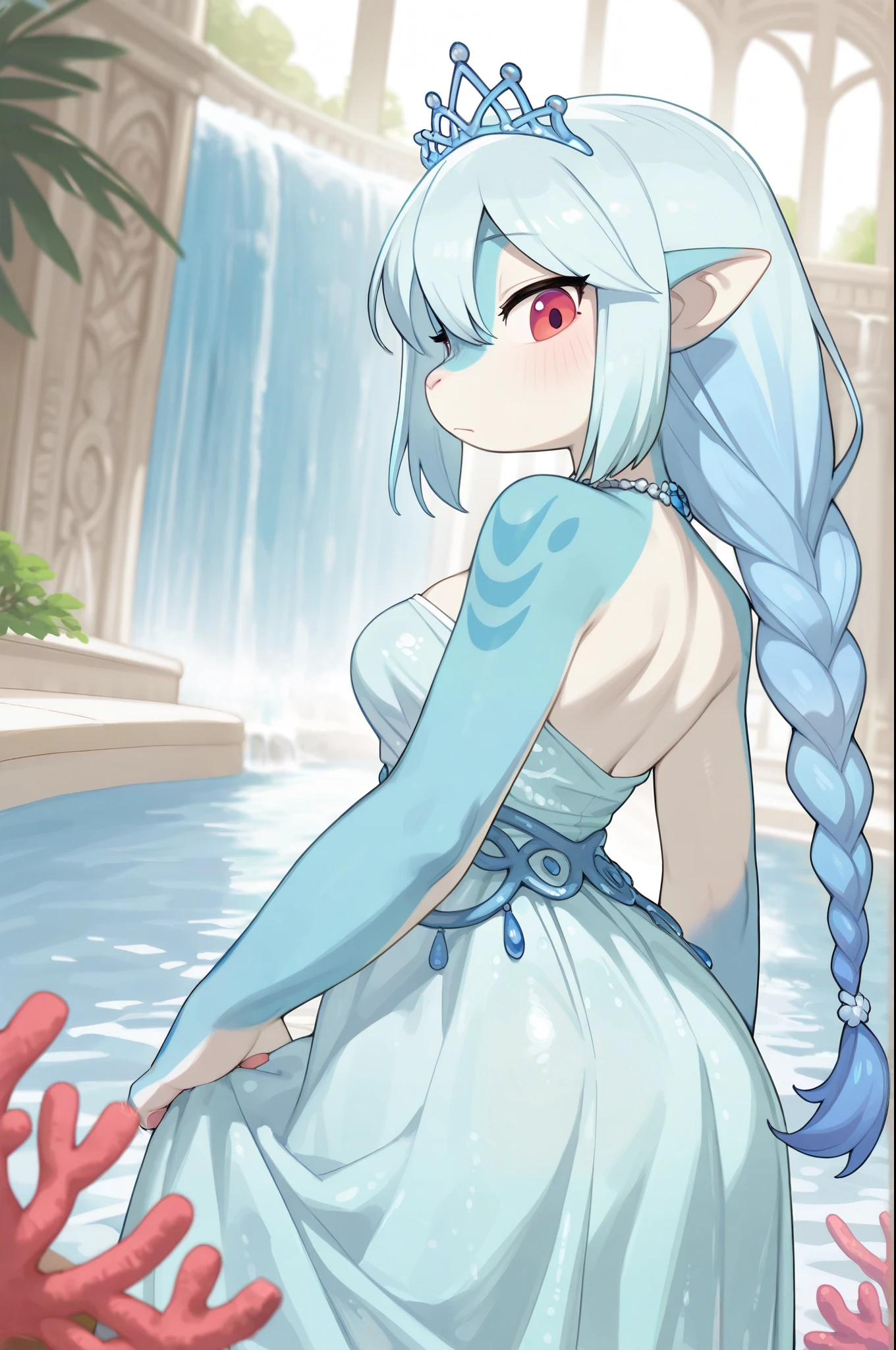 in, top quality, masterpiece、 cartoon anime、female furry、 Clear Light Blue Hair、Queen of Water、pointed ears、Light Teal Dress、Coral Tiara、waterfall、Water Palace