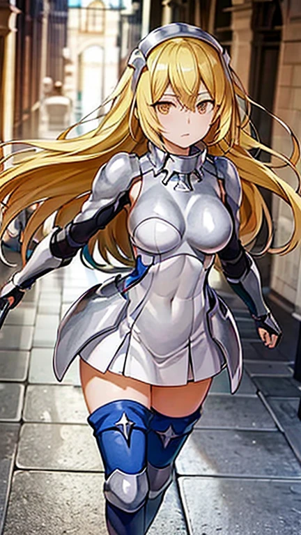 ais, 1girl, solo, blonde hair, armor, long hair, thighhighs, boots, dress, yellow eyes, thigh boots, blue footwear, covered navel, breastplate, shoulder armor, gloves, white dress, pauldrons <lora:ais_v1:0.8> ((spread legs)), outdoor, standing <lora:more_details:0.4>