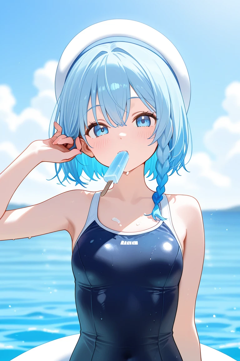 masterpiece, best quality;1.3), ultra detailed, ooking at viewer, rem_re_zero, Facial close-up,blue hair, short hair, hair ornament, cleavage, detached sleeves, masterpiece, top quality, best quality, 1 little girl, swimsuit party, in the water,fish,watermelon,cute style, perfect structure, summer theme,(White yarn bikini:1.2),Hand held ice cream,