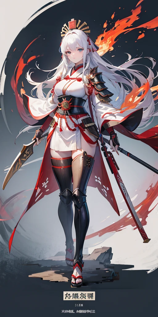 high resolution、high quality、Are standing、whole body、She has long, straight white hair and pink eyes.、Wearing a red kimono and carrying a large sword、Black boots、A strong and sexy adult woman、Daring、Large breasts、Standing with your legs apart
