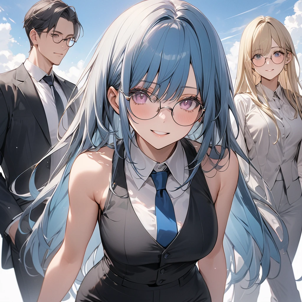 A pretty pretty adult, pale long dark blue hair with eyes of the same color and wears glasses, with formal clothes