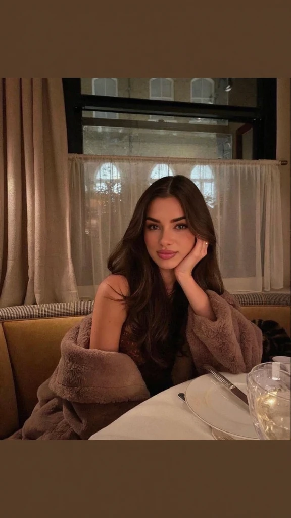 (Jewellry), very warm colors, tan skin, beautiful brunette, (high detailed face), (high detailed skin texture), (high detailed hair), (high detailed eyes), brown eyes, (long straigh dark hair), 1 girl, 20 years old, brown skin, face thin nose, photography, ultra-realistic, 8k, ((very sexy outfit)) , perfect teeth, fit girl, bottom-up view, shiny hair,  ((perfect hands)), taking food, in restaurant