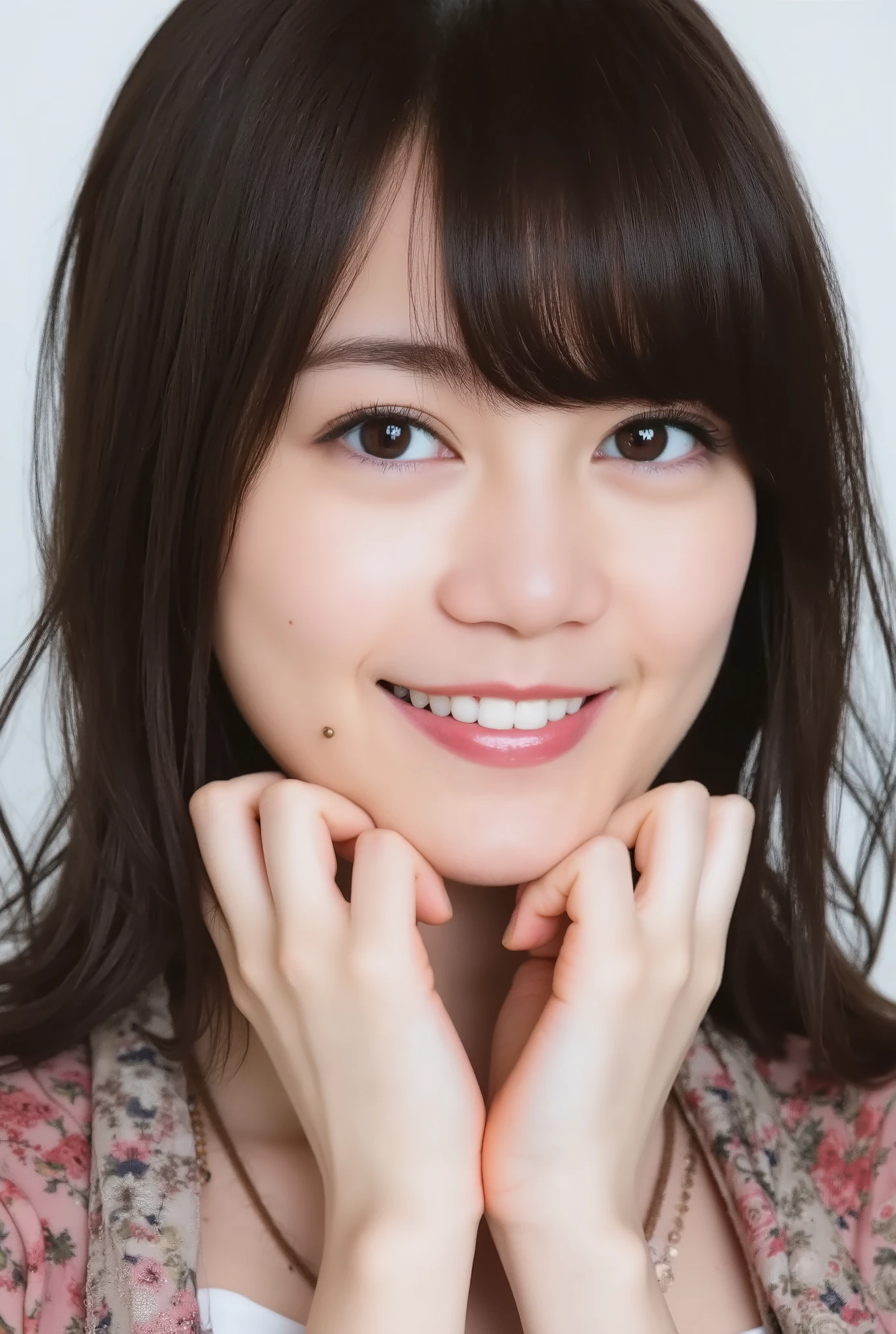 with her hands on her mouth she is in an attractive camisole posture, is, Hold , Cute Smile Up