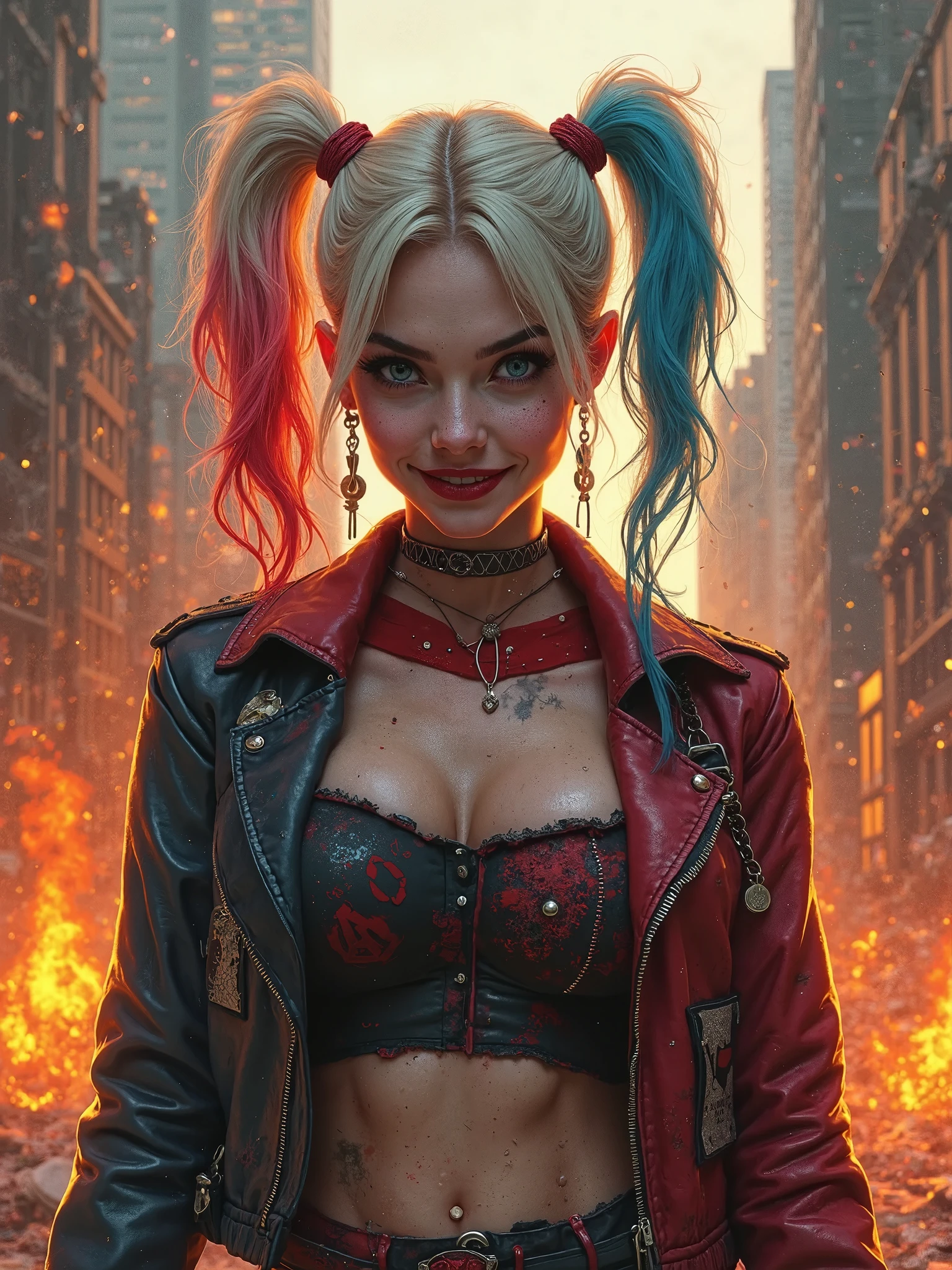 Harley,multicolored hair,makeup,twintails,(open mouth:0.8),teeth,(smile:0.8),
goggles on head,belt,pants,black gloves,corset,holster,open cropped jacket,navel,cleavage,
standing,upper body,
nighttime,explosion,
(insanely detailed, beautiful detailed face,beautiful detailed eyes, masterpiece, best quality),solo,<lora:HarleyQuinn-10v11:0.8>,