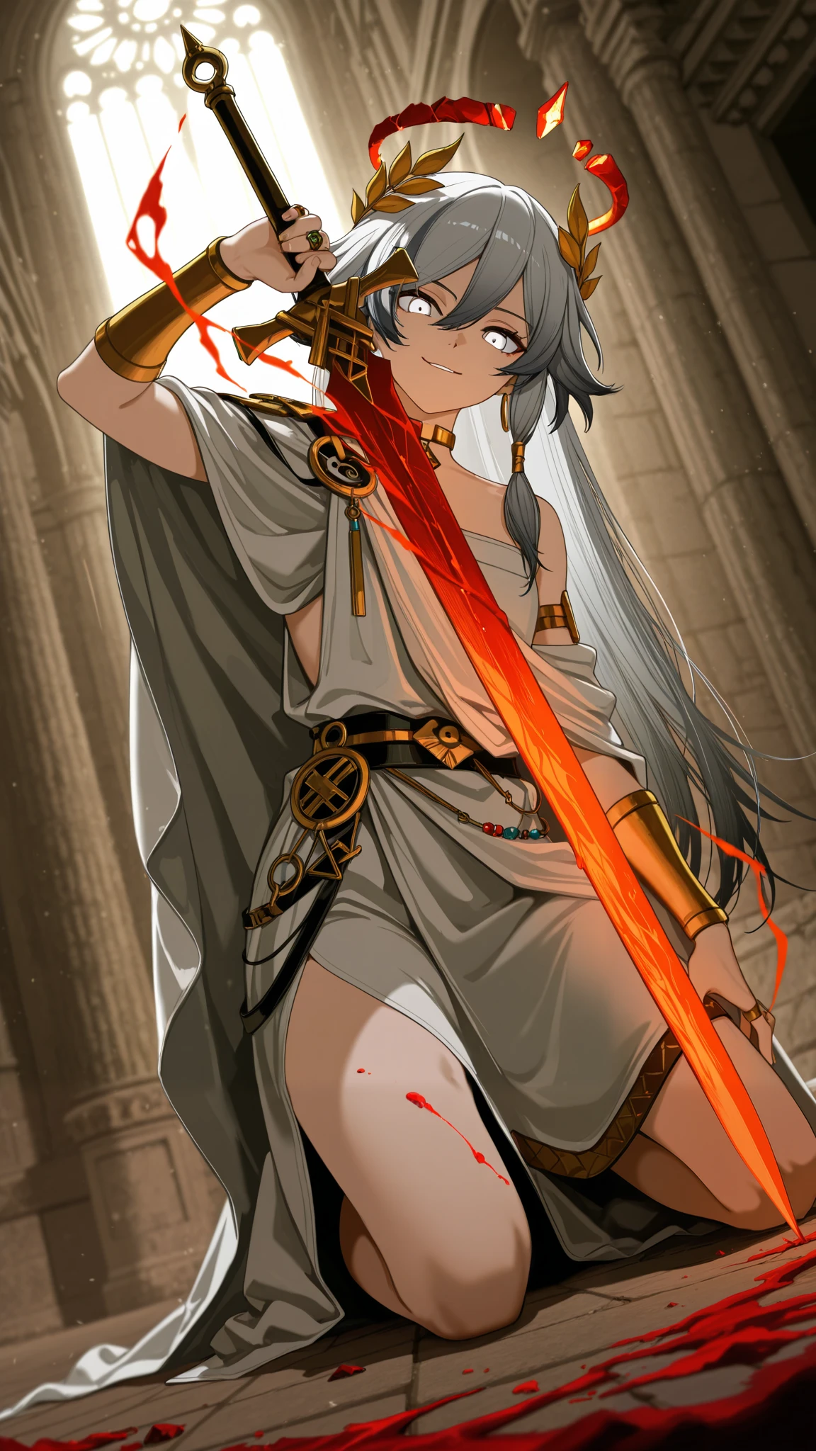 by [|inoitoh|yoneyama mai|arknights],
1girl, solo, FuHua, Fol005, Fh_Hos, fu hua, toga, gray hair, white hair, multicolored hair, white eyes, ring eyes, broken halo, greco-roman clothes, ancient greek clothes, gold choker, laurel crown,
looking at viewer, greco-roman architecture, massive overwhelming blood magic, cursed by gods, smirk, kneeling, sinister, turned body, pulling a red bleeding sword out of a portal,
(best quality, amazing quality, very aesthetic, high resolution, newest, hyper-detailed:0.78)
 
