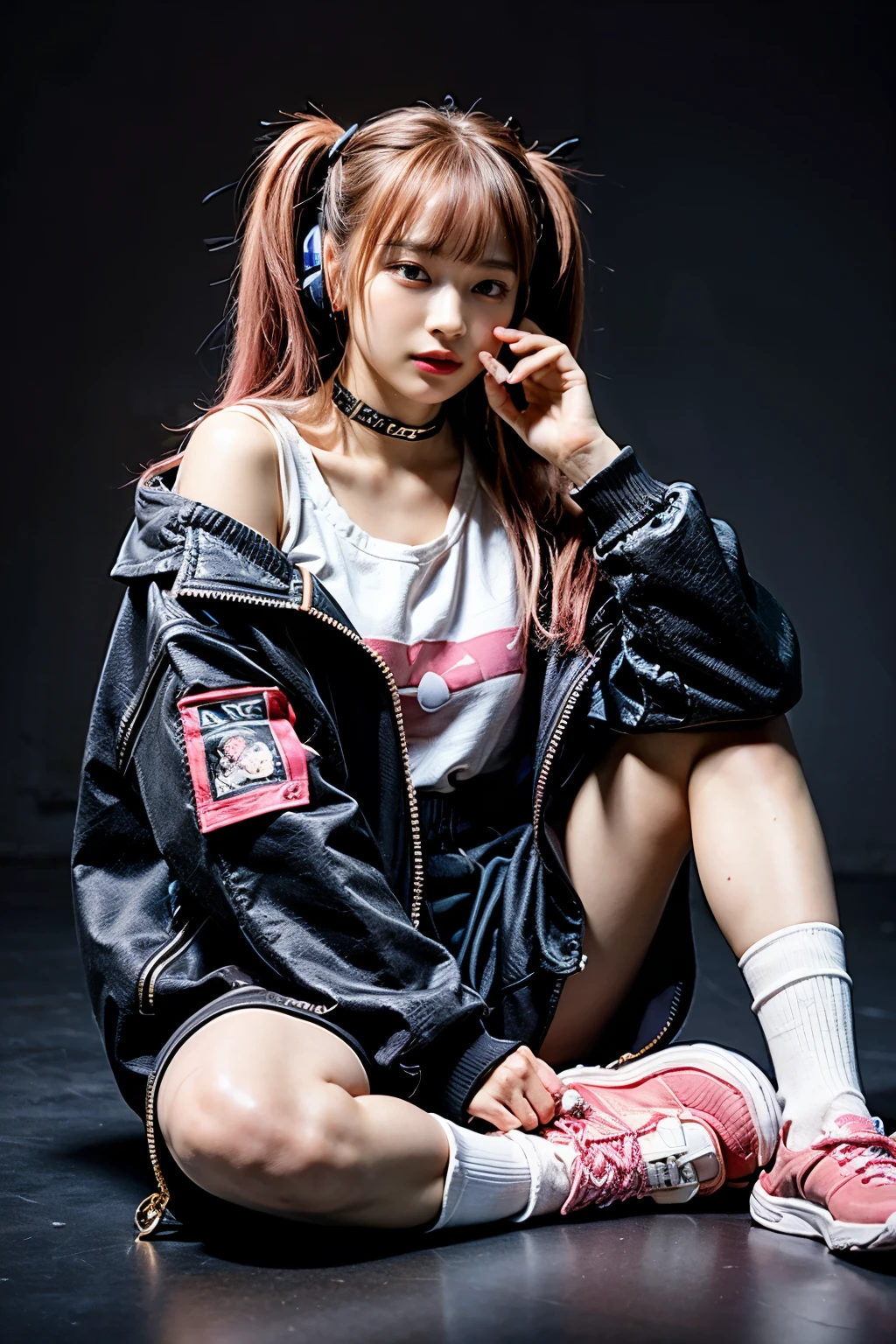 The tips of the hair have to be neon pink, she had no cat ears, her belly isn't exposed, she doesn't have a second necklace, her jacket is only black and white, the socks go over her knees and skirt almost over her knees. The boots have to be black and neon yellow