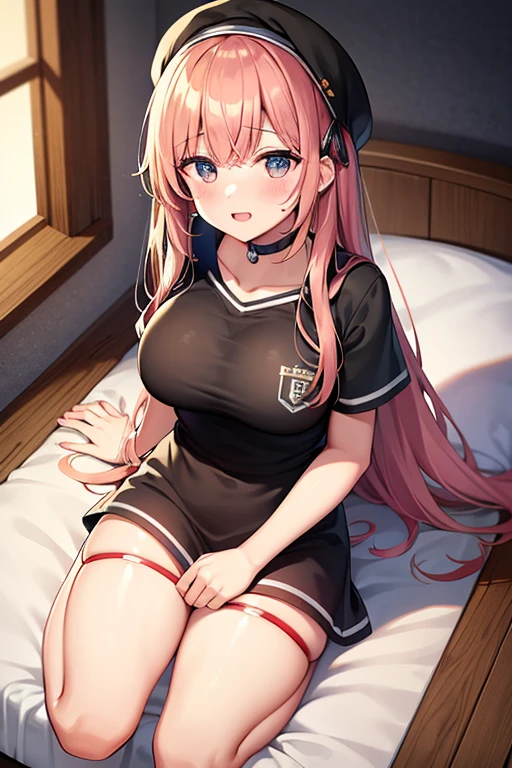 one girl, Sayori, DDLC, Doki Doki Literature Club , light blue eyes, my best friend, feel happy, (I stroke her head gently), I praise her, I cherish her, (my hand on her head), girl look at me, blush, lovely, from above, sitting on bed, my girlfriend