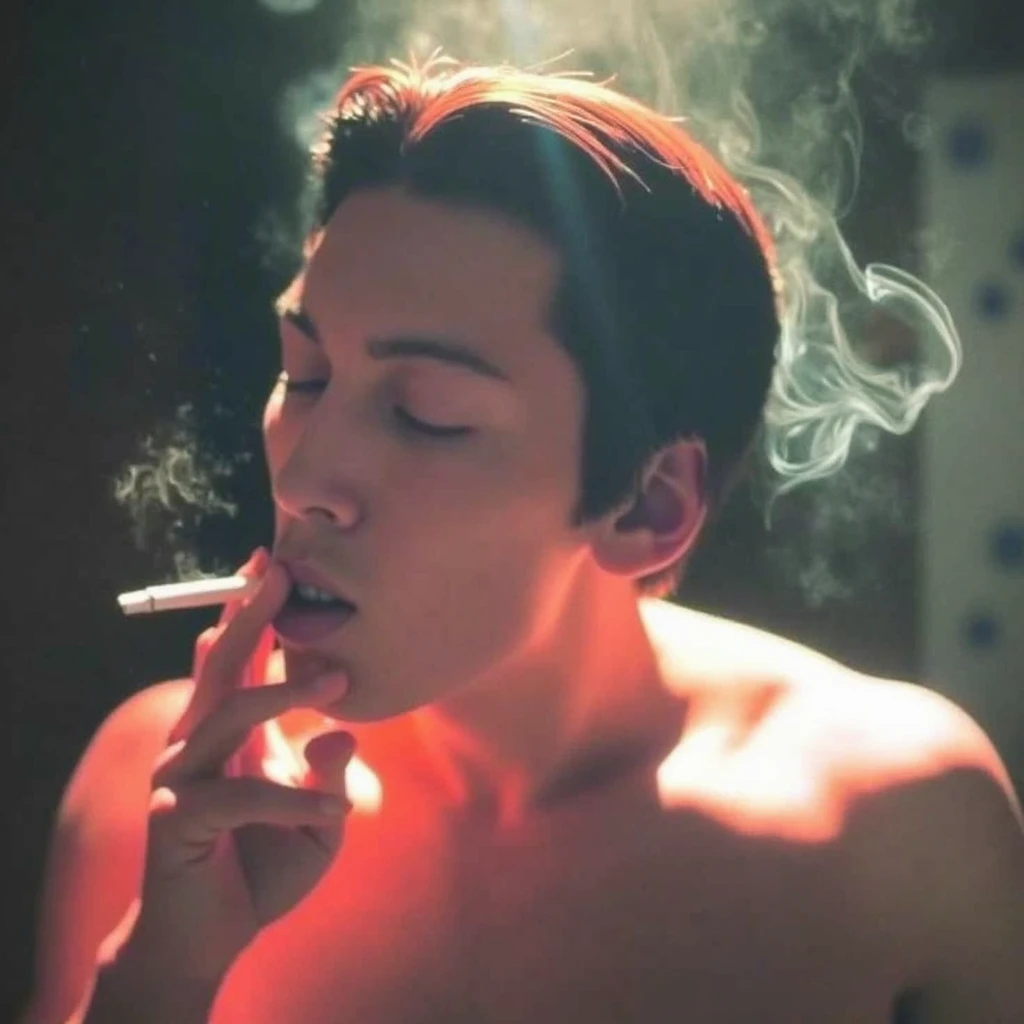 creating dynamic poses and long angle shots, a man sitting relaxed in an armchair in a dark room at night with his eyes closed holding a cigarette, Yaman pode, 20 year, long brown hair with bun, strong square chin, defined chin, thin moustache, strong muscular physique, he's naked, nor below, fully naked, with the member (penis) get out, lain, in a dark room at night