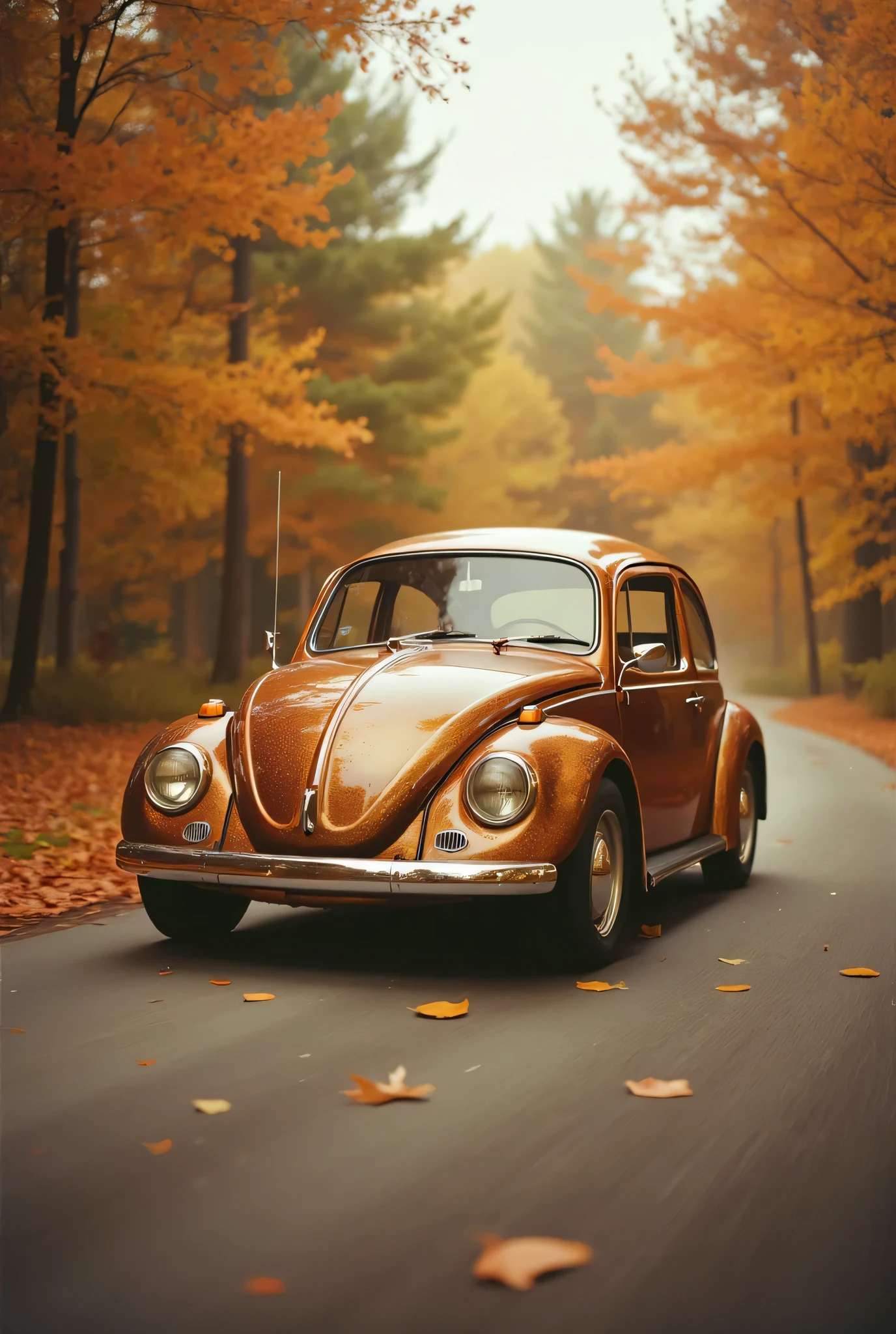 35 mm film , product advertisement scene , vintage vw beetle with stylized painting , in a daytime environment on an autumn afternoon at high speed with metallic brown paint and details in metallic gold, leaves of trees on the road raised with the wind from the scene , unique type , fantastic, professional motion photograph , bokeh