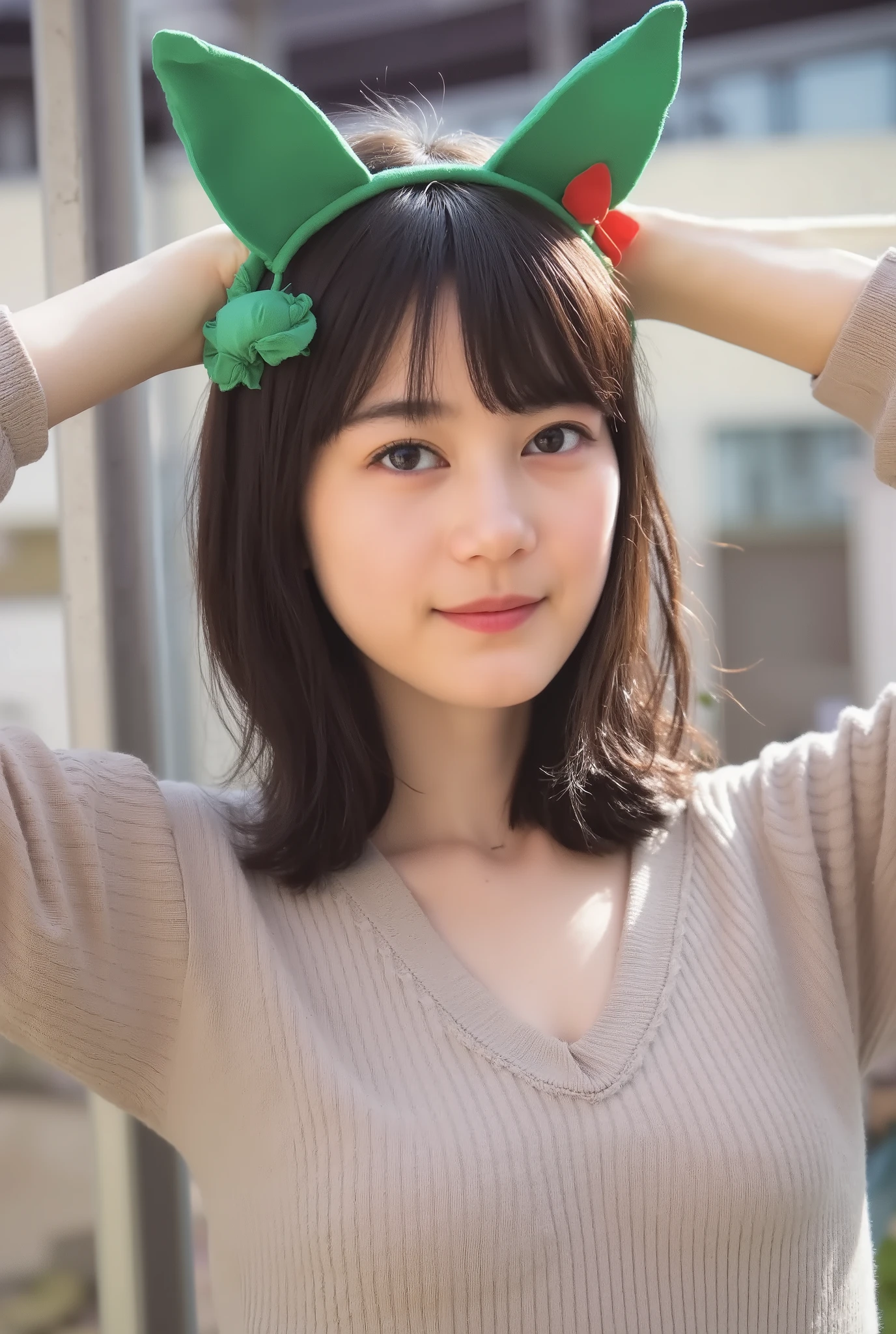 (((choker)))、Japanese age Girl、Raise your arms、white skin、bright lights、Ultra HD、4K、Picture of her face 、((She smiles)), ((( ribbed sweater with see-through bra :1.3, off-shoulder sweater))), shorts:1.2, mechanical fox ears showing shoulders , (((underbust: 1.1))),、thighs、Ultra HD、High image quality in every detail、collarbone、(Ergonomically accurate human body)、