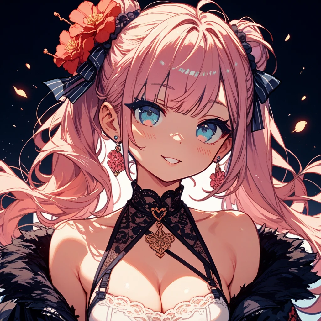 Ultra detailed, highres, absurdres, HDR, master piece, Enoshima Junko, strawberry-blonde hair tied in two twin pigtails, expressive light blue eyes, Danganronpa, black cardigan, white long necktie, pink flowers, petals, fireflies, pink moon, woman, solo, extremely beautiful, very detailed face and eyes, best quality, smiling, fantasy, magical