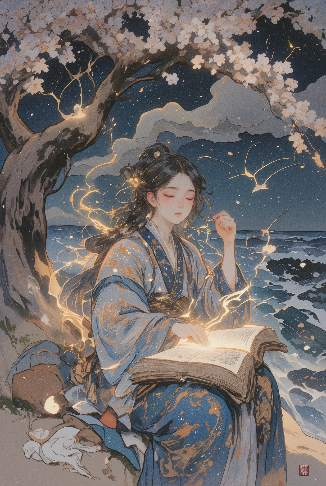 lyh_niji
1girl
lyh, liujiyou, fushihui, A wizard's apprentice sits under a sakura tree and anxiously reads a Glowing Magical Forbidden Book in close-up, on a high seashore, in the background you can see a raging ocean, surging waves, a dark twilight sky, low gray clouds, a strong wind blows the pages of the book, birds fly low, sakura leaves and petals hover in the air, an atmosphere of anxiety, mysterious magic,ancient Japanese engraving, beautiful digital illustration in the style of Japanese prints, Ukiyo-e style, Sumi-e, restrained, stylized technique, sepia, the highest detail, amazing art , surreal dark art, memento mori , Beautiful art, amazing art , high detail , high quality , very detailed