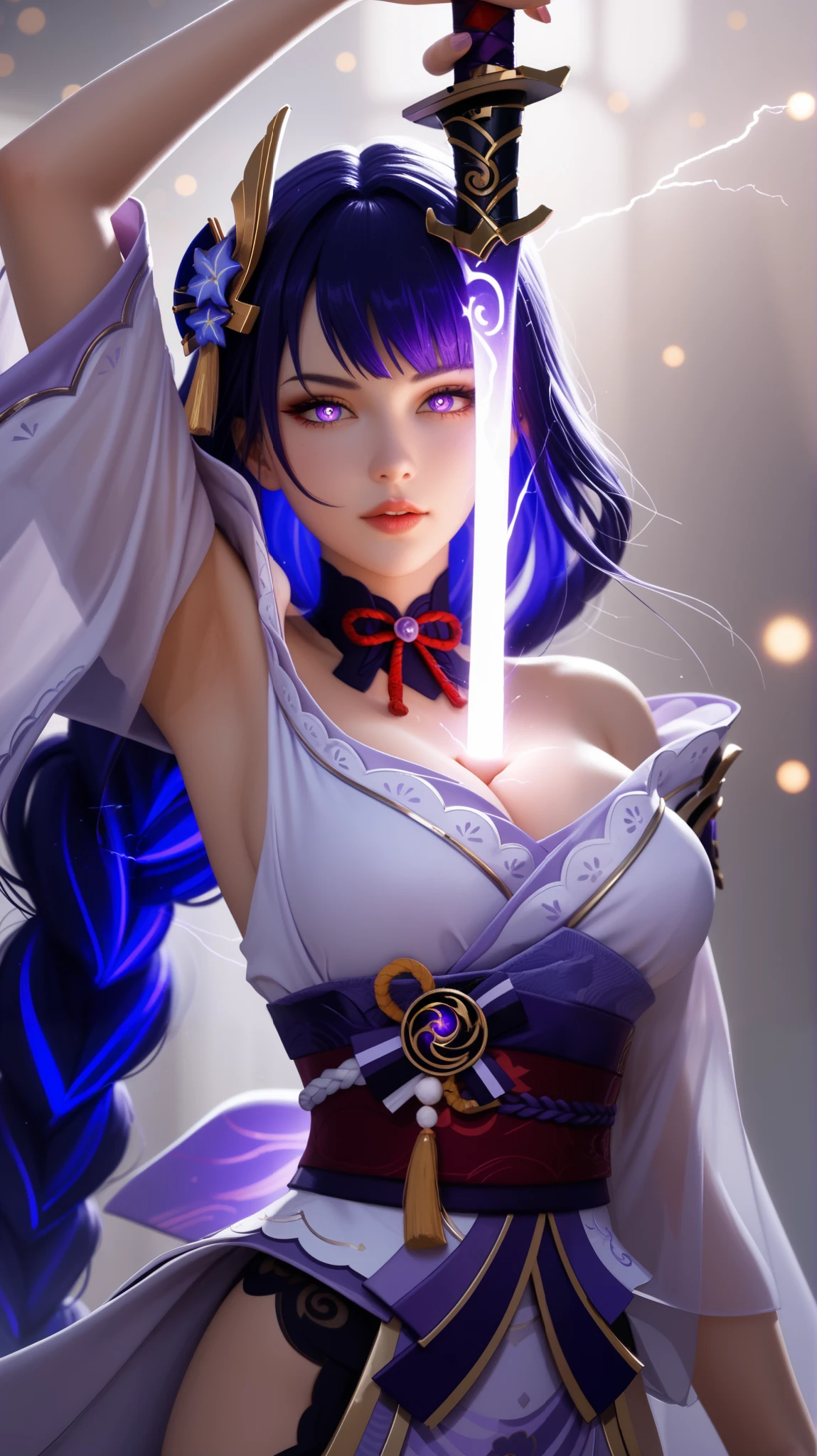 Raiden Shogun from Genshin Impact in a dramatic and intense pose, drawing her glowing purple katana directly from the center of her chest, precisely between her breasts. Her expression is fierce yet serene, with her penetrating violet eyes They shine energy. A crackling purple lightning arches around them, that illuminates her for a long time , flowing dark purple hair. She wears her iconic Inazuman armor with intricate gold and purple details, layered fabrics, and elegant patterns. The scene is bathed in a mystical, stormy atmosphere , with electrical currents that surround her. The radiant sword emits a powerful glow, casting sharp highlights and deep shadows across her face and armor. ultra detailed, cinematographic lighting, anime-style concept art, hyperrealistic rendering, high-definition textures, volumetric lighting, bokeh effects, 85 mm lens , f/1.8 opening, symmetrical framing, professional illustration --ar 16:9 --v 6 --style raw --q 2 --s 750