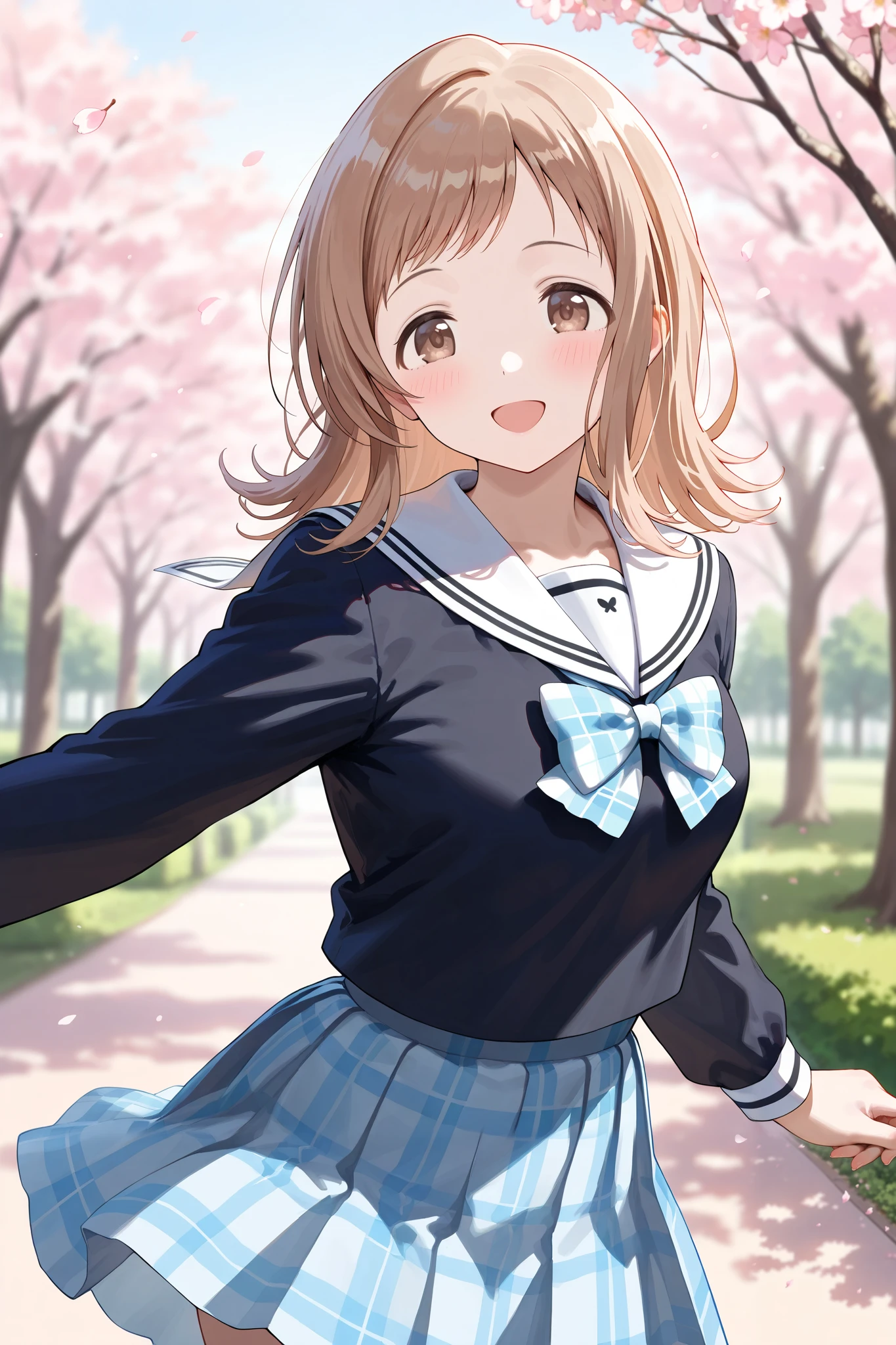 (masterpiece), (Highest quality), (Very detailed),
(The best shape), (Best Shadow), (Absurd),
(Detailed Background), (So beautiful), Shiny,
Beautiful eyes in every detail, Extraordinary, Countershading, 8k, 32K, High resolution,
Very Detailed CG ,
Score_9, Score_8_up, Score_7_up, Source_anime,
(Pastel painting:1.2), (Watercolor painting:1.2),
(Masterpiece, Detailed:1.2), (Foreshortening:1.2),
Cinematic, Dramatic, (Depth of field:1.4),
(Blurry background:1.4), (Realistic background:1.4), Dynamic angle,
1 girl, Solo,
Outdoors, Nature, Park, Wind,
Spring, Cherry blossoms,
Sakuragi Mano,
the idolm@ster shiny colors,
mano sakuragi,
(Brown hair:1.1), Medium hair, Brown eyes,
(School uniform:1.3),
(Black sailor suit:1.3), Long sleeves suit,
(White sailor collar:1.4),
Ribbon, Light blue ribbon, Butterfly ribbon,
Skirt, Light blue skirt, Checkered skirt,
(Blush:1.3),
Cowboy shot,
Focus on face,
Smile, Happy,
Realistic skin,
Shiny skin,