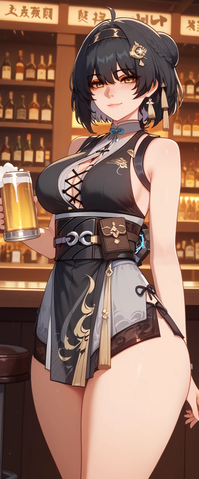 (fantasy:1.5),(anime,8k,masterpiece, top quality, best quality,beautiful and aesthetic:1.2,professional illustrasion:1.1,ultra detail:1.3,perfect lighting),extremely detailed,highest detailed,incredibly absurdres , highres, ultra detailed,intricate:1.6,(Alchemy Workshop:1.4),A girl mixing,Medicine in many small bottles,holding small potion,colorful:1.4,zentangle,(1girl),(girl),(Three kingdoms female warload),(highly detailed beautiful face and eyes,firm breasts),oily skin,((black,hair,short bob with short pony tail hair)),thin pubic hair,cute,lovely,34 years old,alchemist costume,Merchant's Clothing,smile,in the kitchen,smile,seductive weak smiling,(with sparkling eyes and a contagious smile),open mouth, Looking at Viewer,
