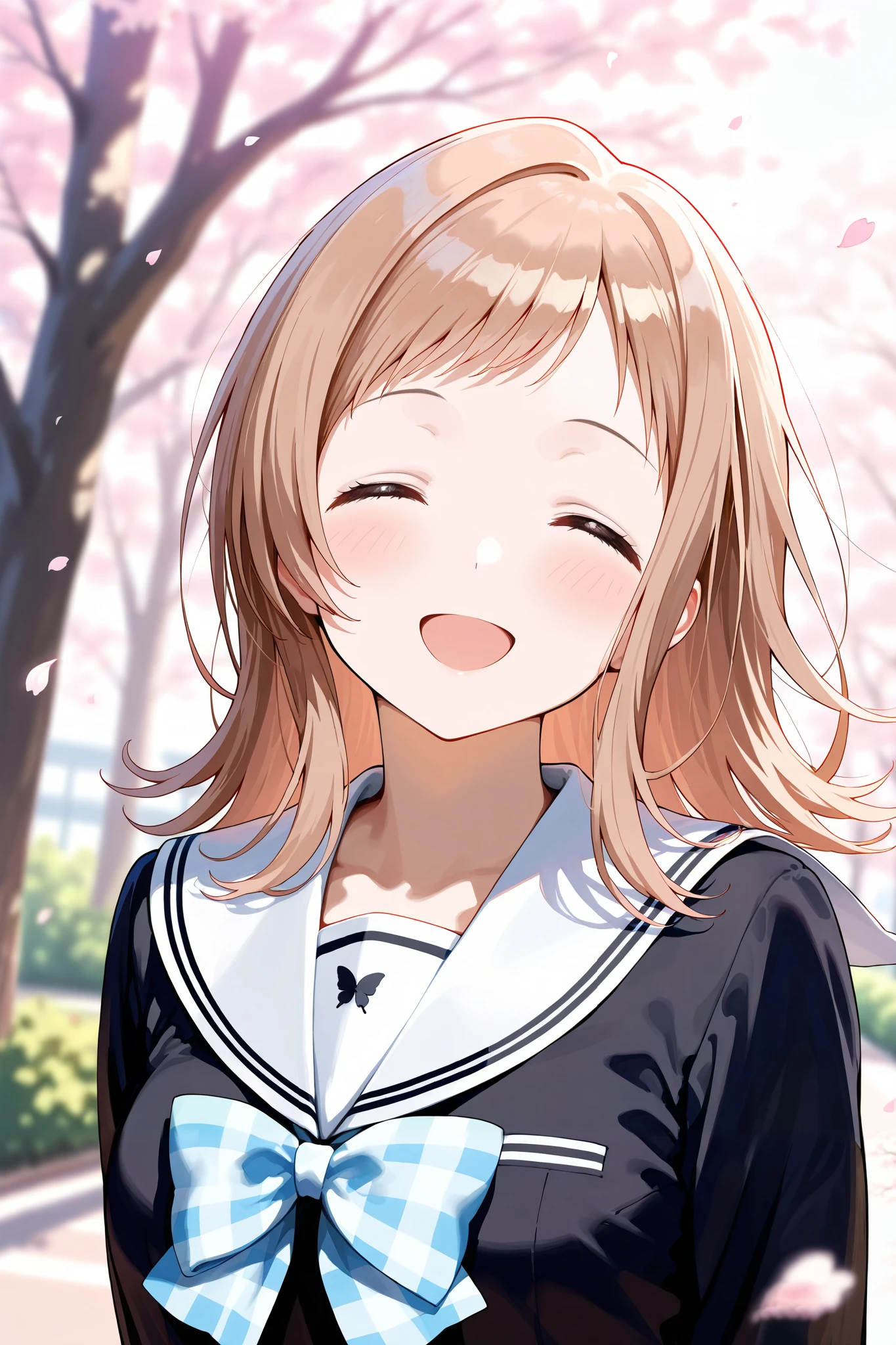 (masterpiece), (Highest quality), (Very detailed), 
(The best shape), (Best Shadow), (Absurd), 
(Detailed Background), (So beautiful), Shiny, 
Extraordinary, Countershading, 8k, 32K, High resolution, 
Very Detailed CG ,

Score_9, Score_8_up, Score_7_up, Source_anime, 
(Pastel painting:1.2), (Watercolor painting:1.2),
(Masterpiece, Detailed:1.2), (Foreshortening:1.2),

Cinematic, Dramatic, (Depth of field:1.4), 
(Blurry background:1.4), (Realistic background:1.4), Dynamic angle,
1 girl, Solo, 
Outdoors, Nature, Park, Wind,
Spring, Cherry blossoms,

Sakuragi Mano,
the idolm@ster shiny colors,
mano sakuragi,
(Brown hair:1.1), Medium hair,

(School uniform:1.3),
(Black sailor suit:1.3), Long sleeves suit, 
(White sailor collar:1.4),
Ribbon, Light blue ribbon, Butterfly ribbon,
Skirt, Light blue skirt, Checkered skirt,

(Blush:1.3),
Portrait,
Focus on face,
Smile, Happy, Closed eyes,
Realistic skin,
Shiny skin,