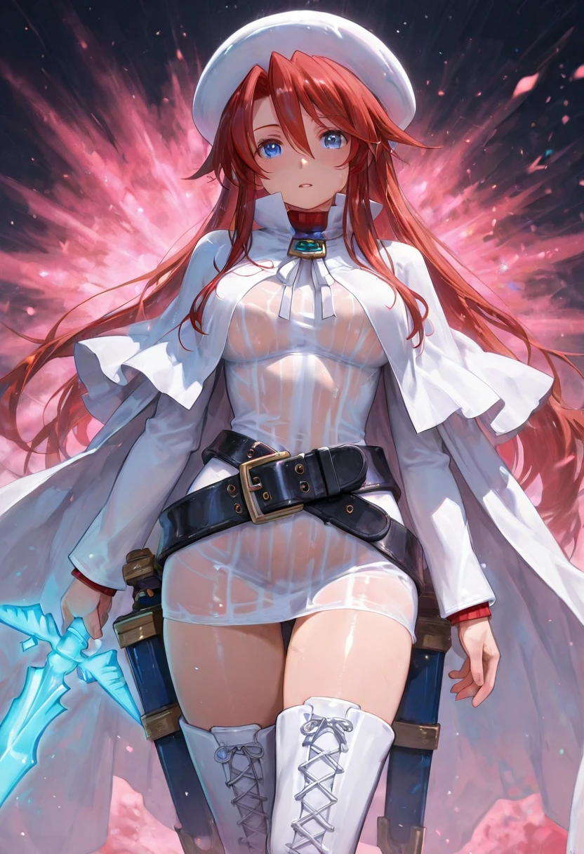 Draw Jessie, an anime-style female character. straight red hair, thin red eyebrows, burning eyes, with a mouth open in a sarcastic smile. small and firm breasts, thin waist, big ass, athletic body. Sexy naughty ice angel armor. open arms with ice crystals in sexy battle position. injuries all over her body. It is on top of the rubble of war-torn buildings. night sky with strong lightning. seen from the bottom up showing her entire pussy. big with an incredible thong within the limits of censorship. sexy angel shape surrounded by many crystals. ice emphasizing ice magic. Draw ice armor parts on the chest and waist keeping the sexy shape. big, swollen pussy. Jessie is surrounded by ice crystals. Camera zooming in on her waist with a very bottom-up perspective.