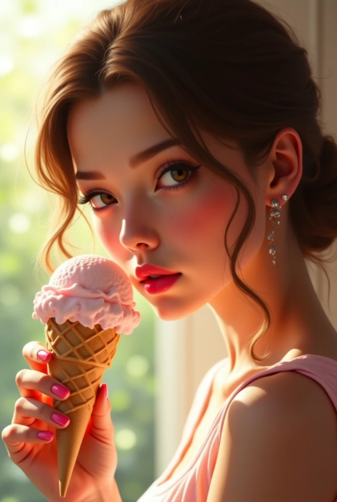 beuaty girl，Hold an ice cream cone, Surreal portrait，Official artistic aesthetics