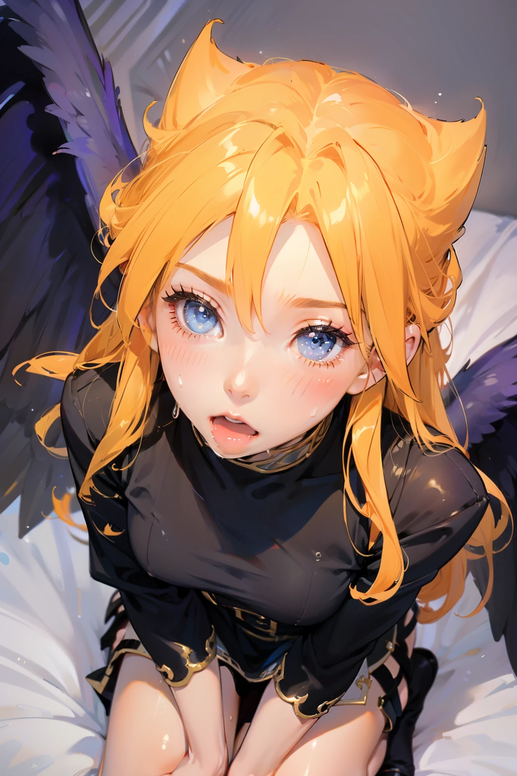 The old inn 、Kneeling in bed 、shot from above、Nina、breath of fire2, Gold、 dress、 black wings、face close up,Blowjob、blush、sweat、painful、orgasm、sweat