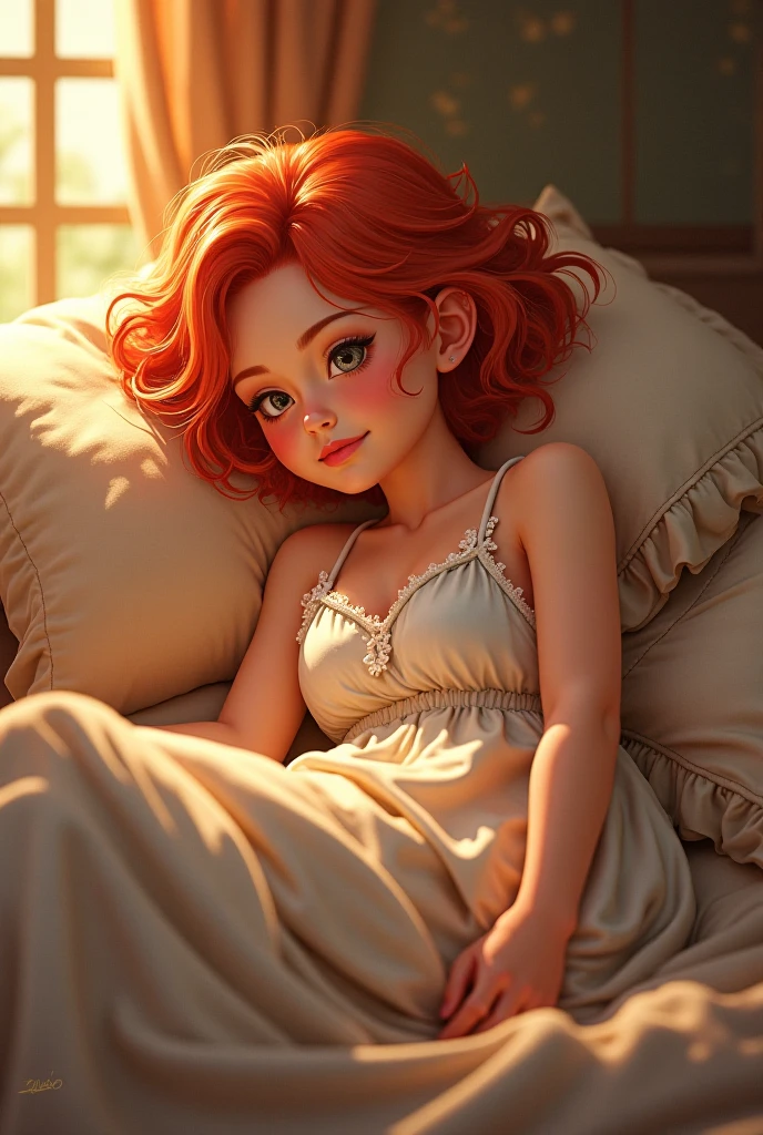 Ariel lying in bed taking a top-down selfie, with a brown plush coat all zipped up to the neck, a pink flower in the left corner of the ear, blue colored eyes, large cilia, and loose hair, Cama rosa