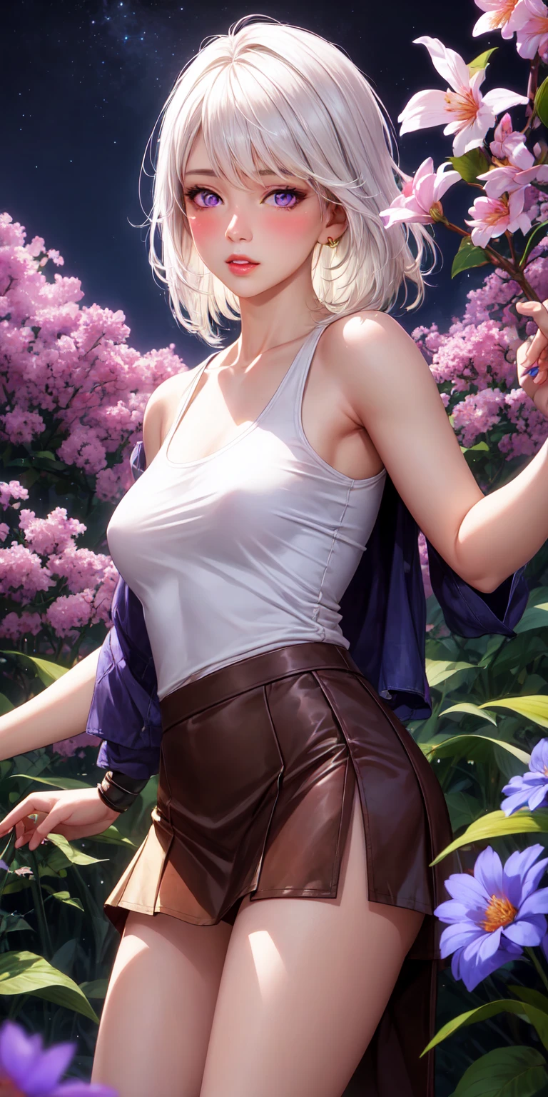 Highest Quality, masterpiece, beautifully detailed eyes,, short Blonde Hair, Gradient Hair, pink highlights in hair, large breasts, standing, makeup, glossy lips, full lips, (natural lighting), grass, small top, light smile, midriff, collarbone, thigh highs, miniskirt, cleavage