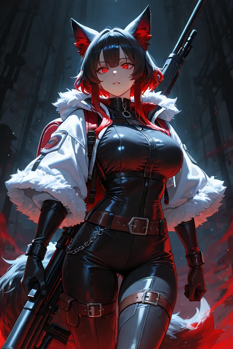 A female werewolf with cuts on her skin and red in her eyes walking through the winter in a lonely mountain with torn clothes and blood marks in her mouth, feeling pain inside