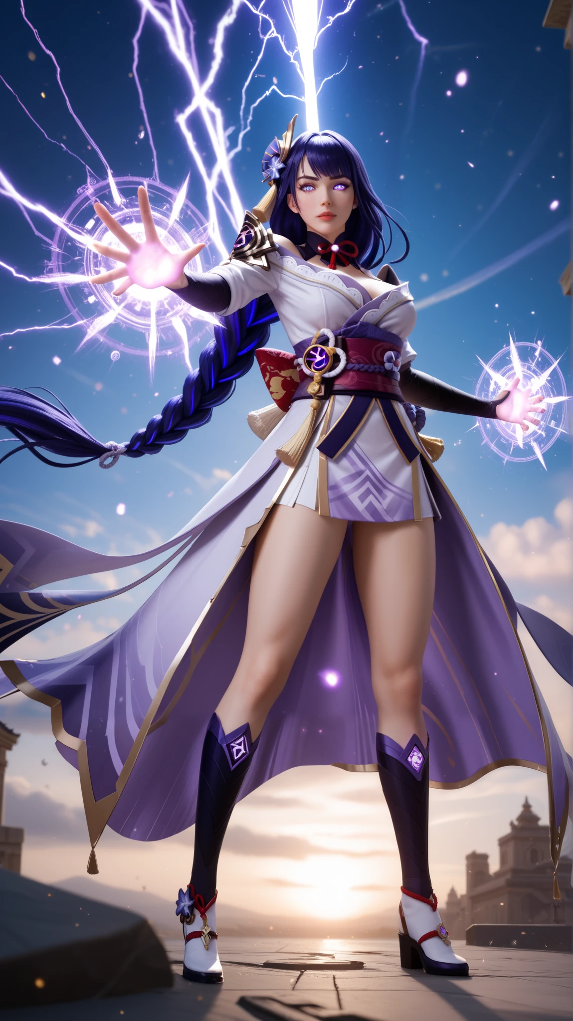 Raiden Shogun from Genshin Impact standing in a powerful stance, summoning her ethereal, otherworldly guardian. Massive, glowing purple hands with intricate arcane symbols float around her, manifesting through crackling violet lightning. The guardian's spectral limbs are adorned with ancient electro engravings, exuding an overwhelming divine energy. Raiden wields her signature katana, infused with electrifying power, its blade pulsating with raw elemental force. The battlefield is a surreal, dreamlike void, with a deep blue sky illuminated by arcs of energy and floating particles. Her intense, glowing eyes radiate absolute power and determination. The ground beneath her is cracked, surging with electrical currents. Ultra-detailed anime-style illustration, cinematic lighting, hyper-realistic rendering, volumetric lighting, bokeh effects, dynamic perspective, 85mm lens, f/1.8 aperture, symmetrical composition, atmospheric depth, professional concept art --ar 16:9 --v 6 --style raw --q 2 --s 750