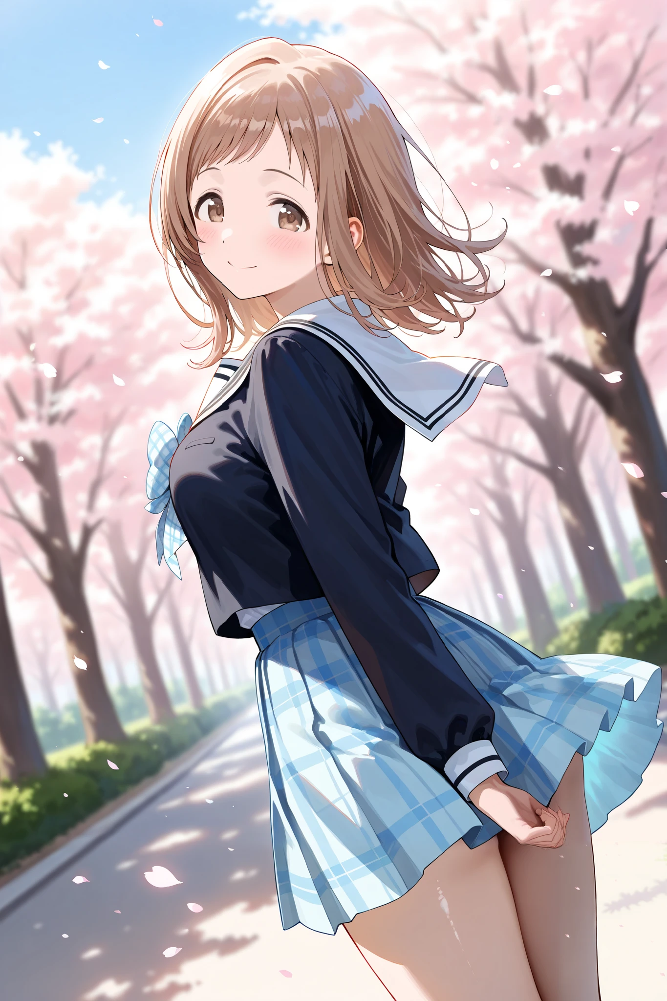 (masterpiece), (Highest quality), (Very detailed),
(The best shape), (Best Shadow), (Absurd),
(Detailed Background), (So beautiful), Shiny,
Beautiful eyes in every detail, Extraordinary, Countershading, 8k, 32K, High resolution,
Very Detailed CG ,
Score_9, Score_8_up, Score_7_up, Source_anime,
(Pastel painting:1.2), (Watercolor painting:1.2),
(Masterpiece, Detailed:1.2), (Foreshortening:1.2),
Cinematic, Dramatic, (Depth of field:1.4),
(Blurry background:1.4), (Realistic background:1.4), Dynamic angle,
1 girl, Solo,
Outdoors, Nature, Park, Wind,
Spring, Cherry blossoms,
Sakuragi Mano,
the idolm@ster shiny colors,
mano sakuragi,
(Brown hair:1.1), Medium hair, Brown eyes,
(School uniform:1.3),
(Black sailor suit:1.3), Long sleeves suit,
(White sailor collar:1.4),
Ribbon, Light blue ribbon, Butterfly ribbon,
Skirt, Light blue skirt, Checkered skirt,
(Blush:1.3),
Cowboy shot,
Focus on face,
Smile, Happy, looking back,
Realistic skin,
Shiny skin,